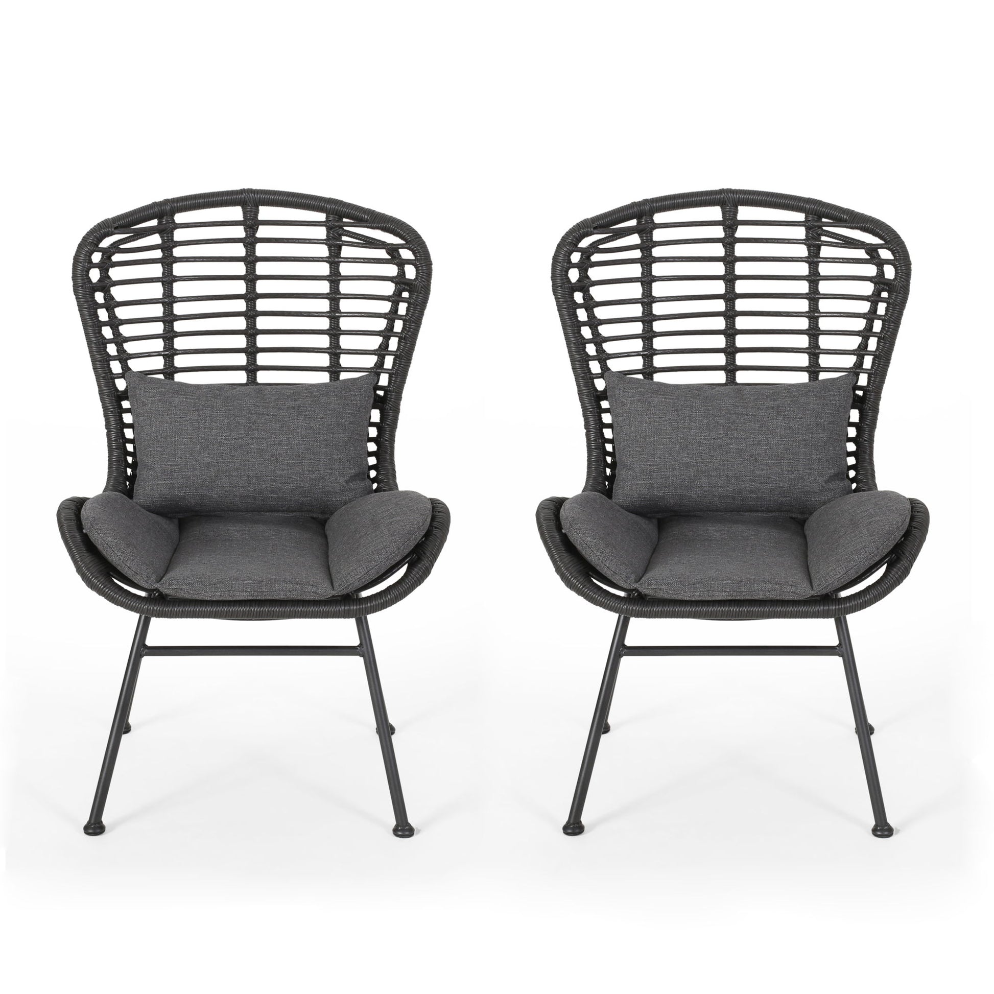 The Calypso Outdoor Chairs feature black rattan-style design, high backs, iron frames, and water-resistant dark gray seat and lumbar cushions; shown side by side on a white background.