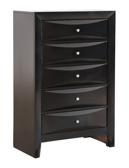 The Marilla - Chest is a tall black wooden dresser with five drawers, each with a round silver knob and a slightly curved front, standing on short legs.