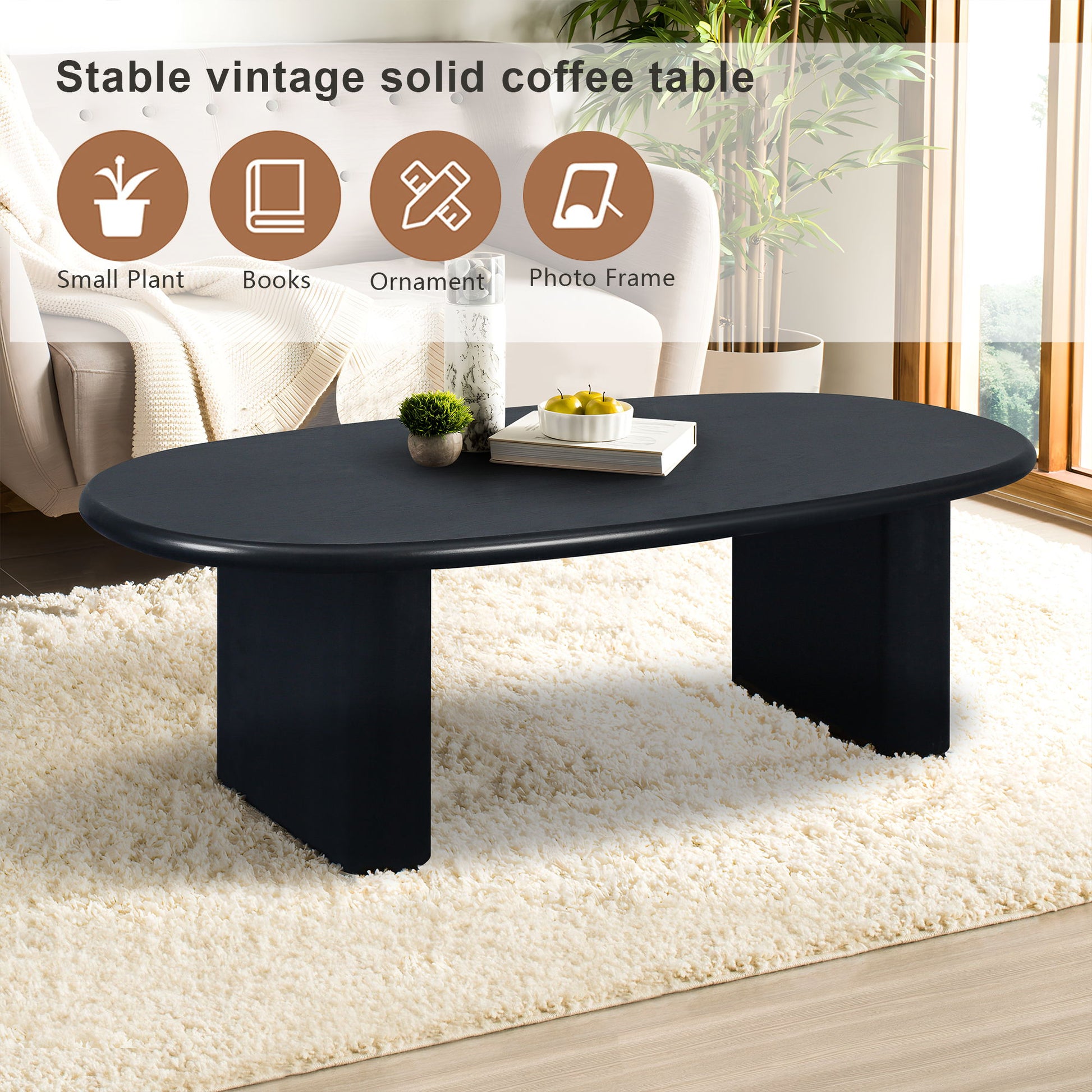 The Tapered Tabletop Coffee Table in Antique Black is displayed on a white rug in a bright living room, holding a small plant, two books, and an ornament. Icons above label its uses: small plant, books, ornament, photo frame.