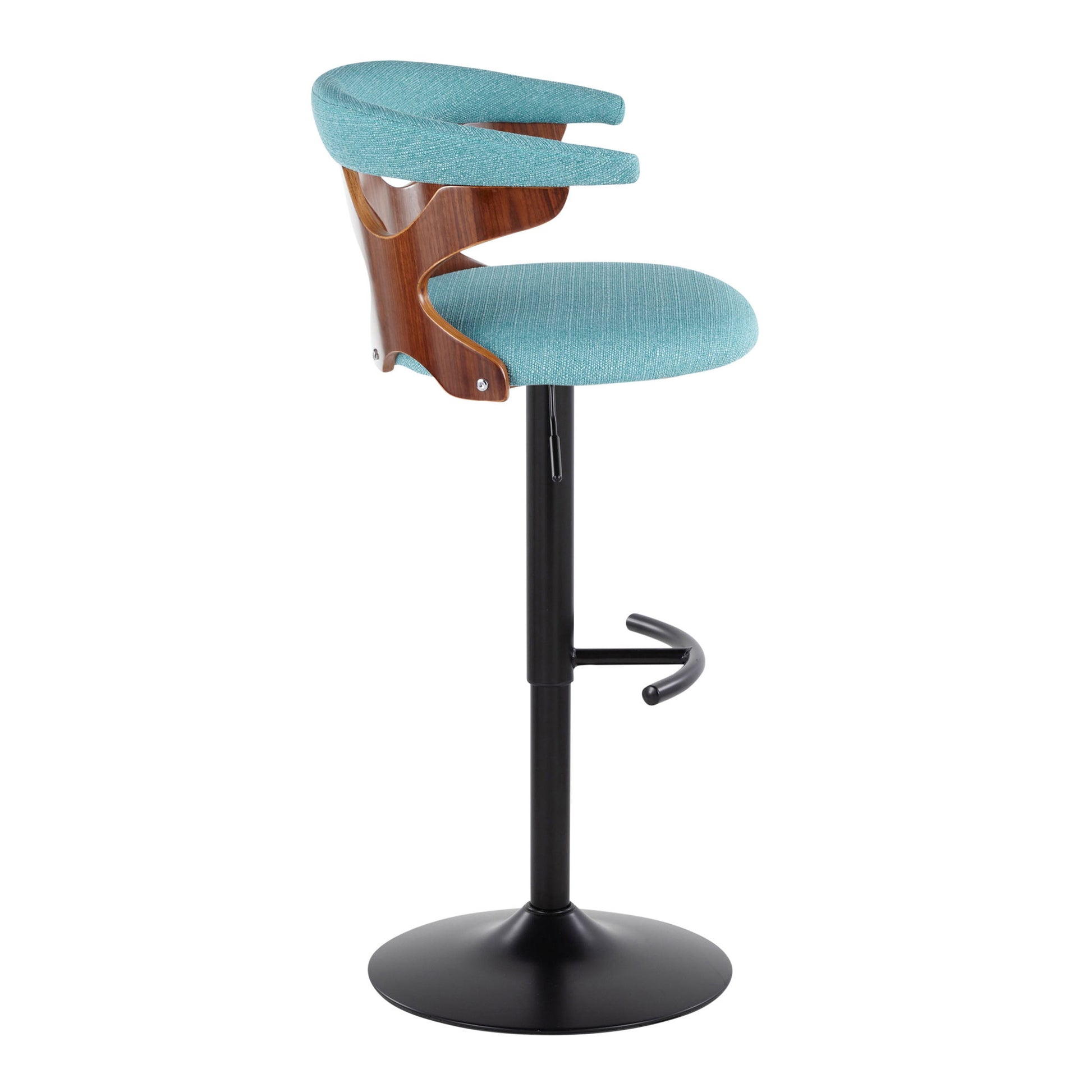 The Gardenia Contemporary Adjustable Barstool (Set of 2) features turquoise upholstery, walnut accents, a black metal base with a rounded T footrest, swivel function, and a curved backrest for support.