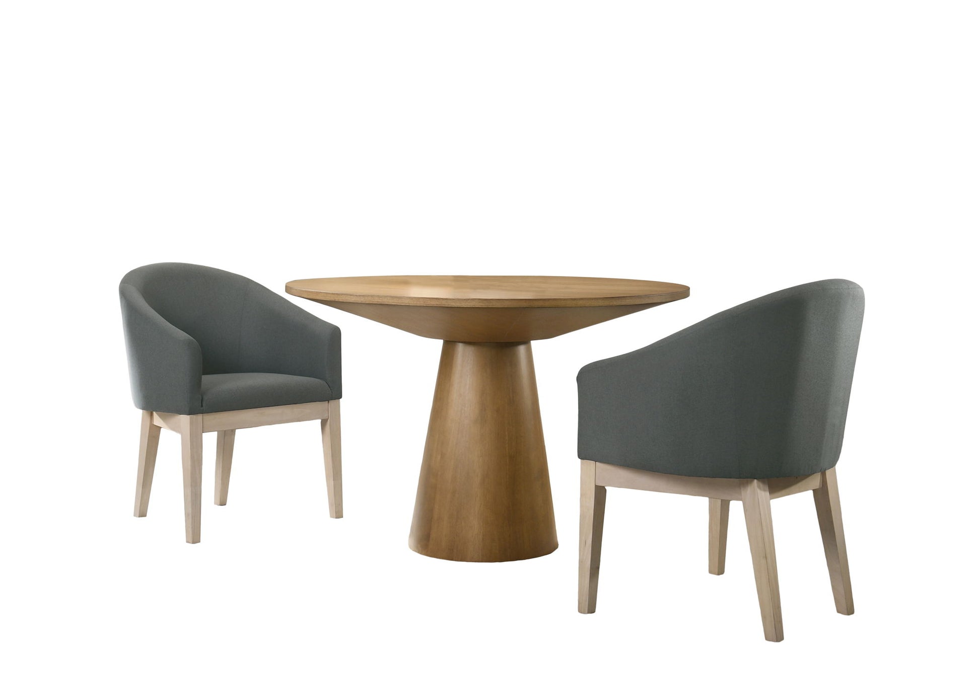 The Jasper - 47" Round Dining Table Set features a round wooden table with a wide pedestal base and two gray upholstered armchairs with light wooden legs, all against a plain white background.