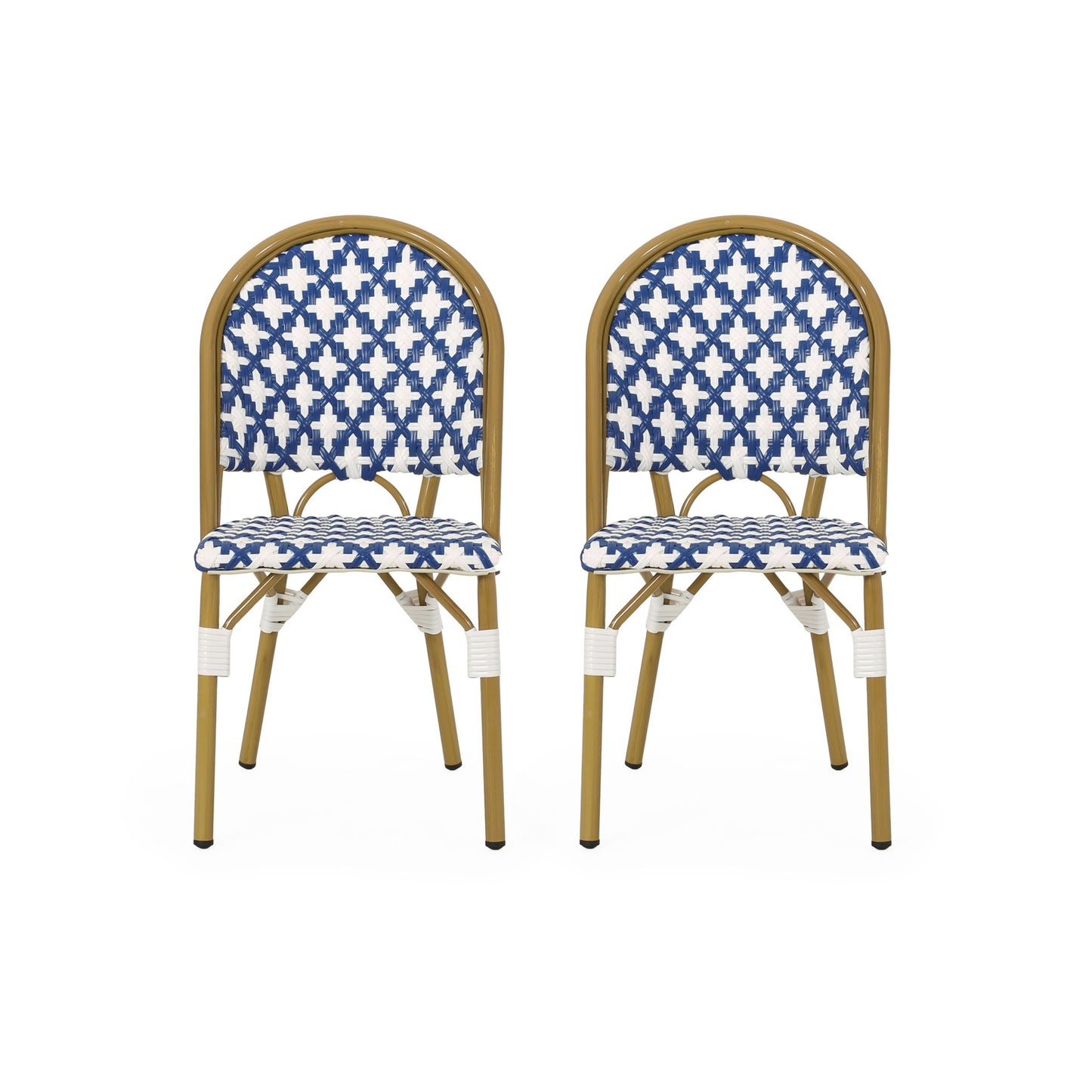 Two Chic French Bistro Chairs with durable rattan and aluminum frames, featuring blue and white woven patterned seats and backs, are placed side by side against a white background.