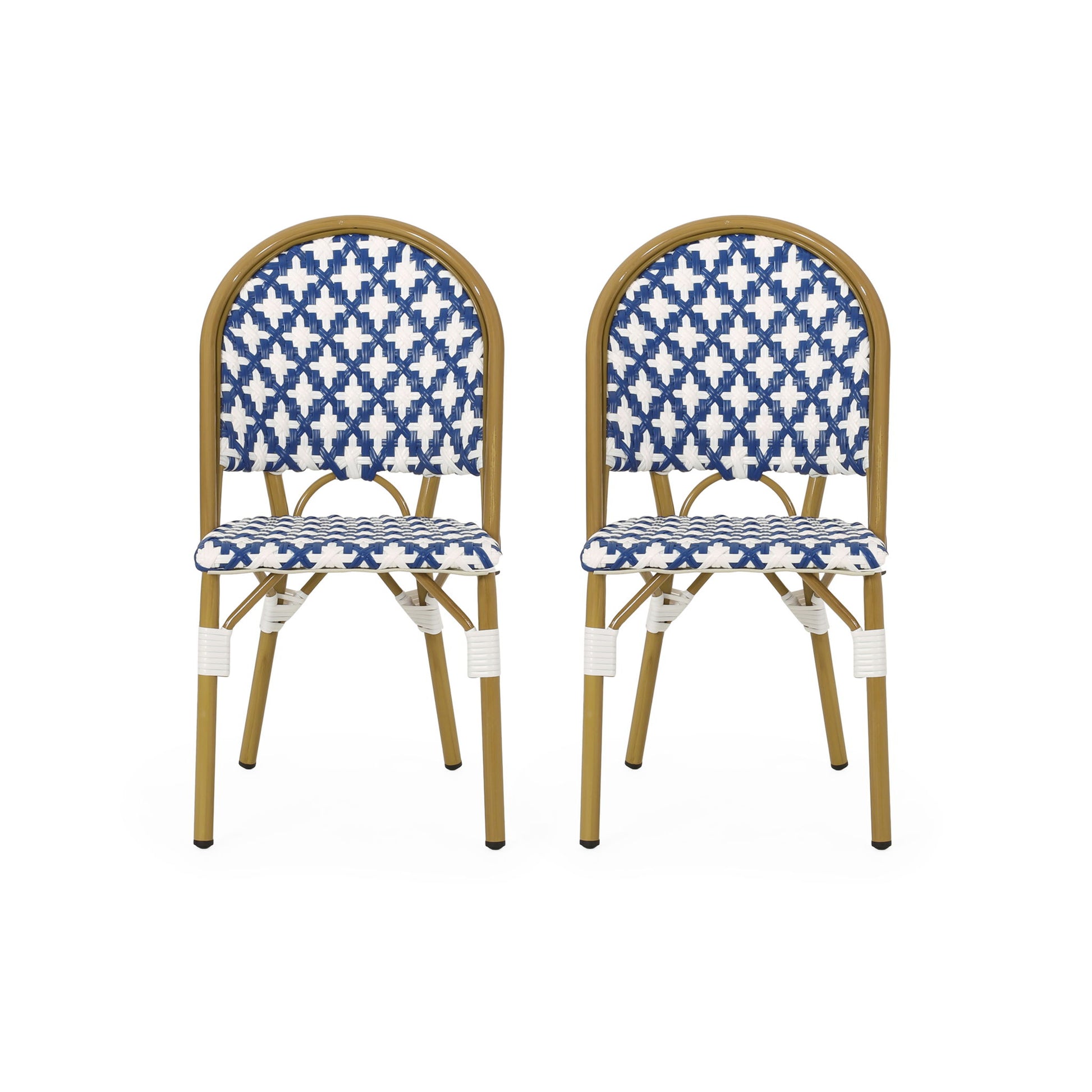 Two Chic French Bistro Chairs with durable rattan and aluminum frames, featuring blue and white woven patterned seats and backs, are placed side by side against a white background.