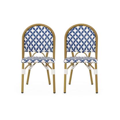 Two Chic French Bistro Chairs with durable rattan and aluminum frames, featuring blue and white woven patterned seats and backs, are placed side by side against a white background.