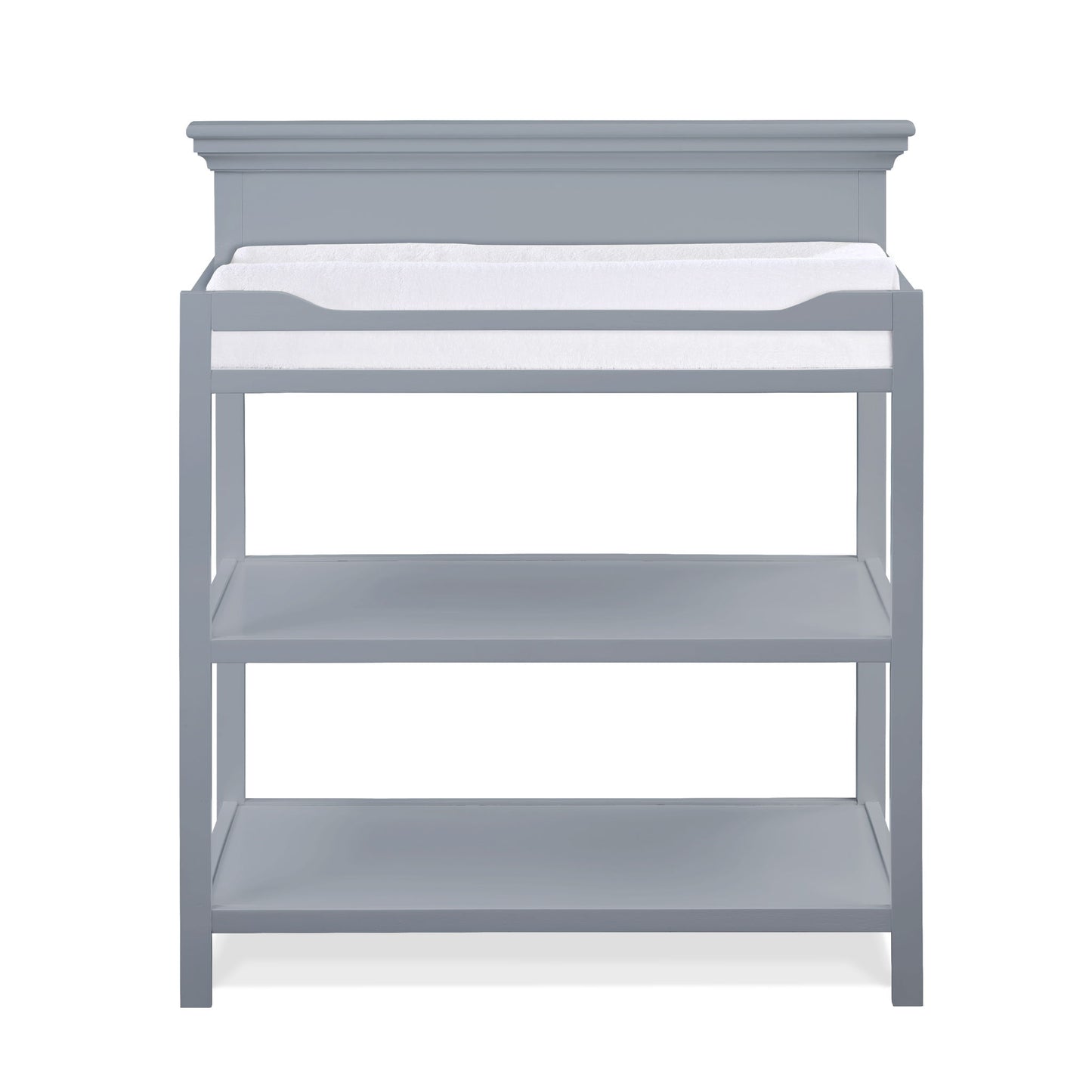 The Universal - Changing Table features a gray wooden design with a white changing pad on top and two open storage shelves, displayed against a plain white background.