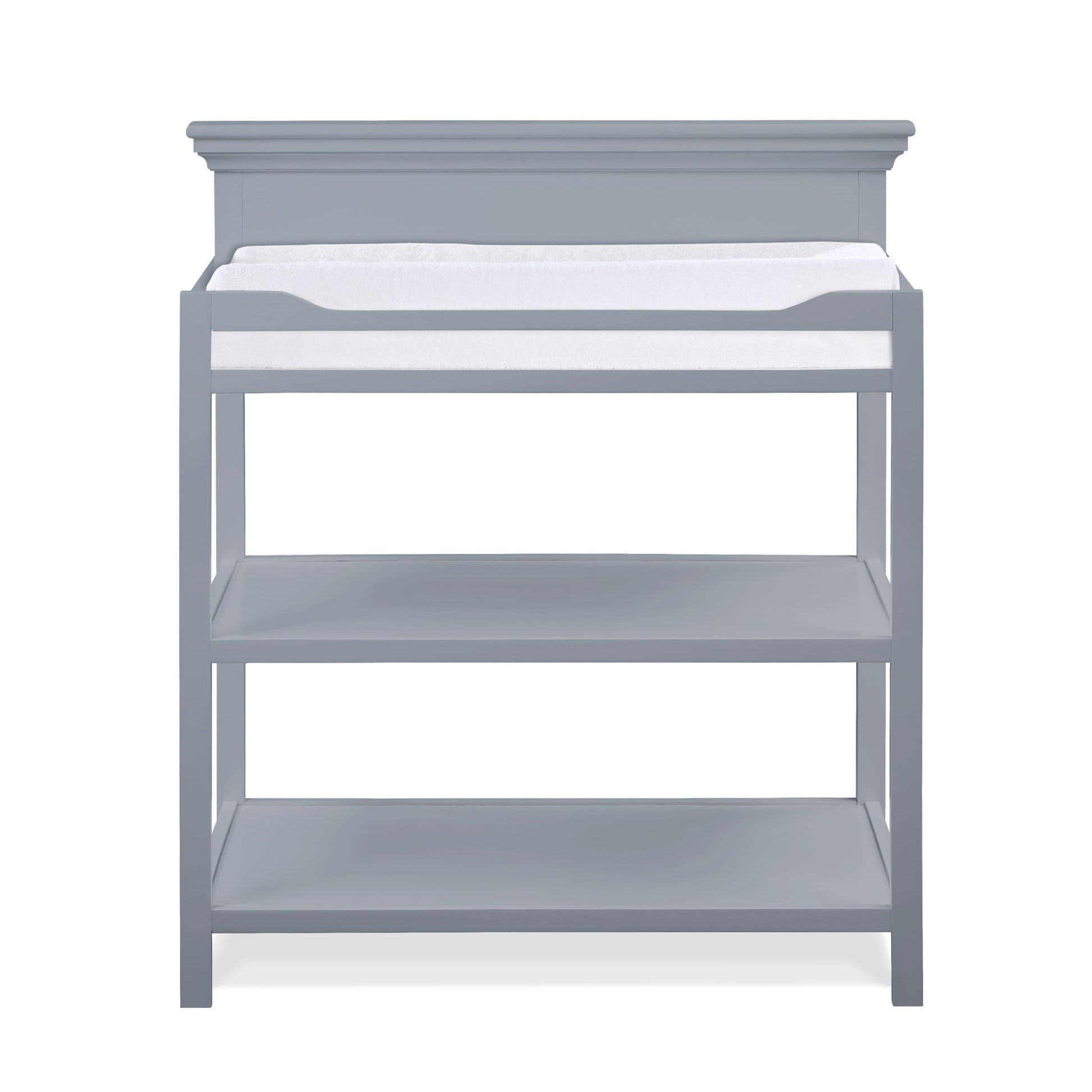 The Universal - Changing Table features a gray wooden design with a white changing pad on top and two open storage shelves, displayed against a plain white background.