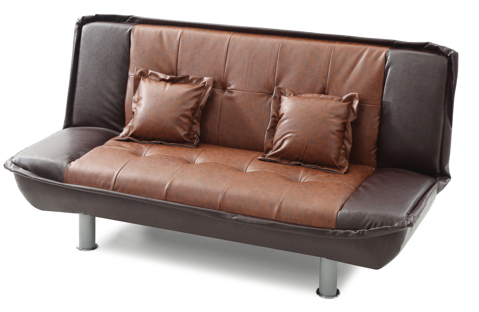 The Lionel - Sofa Bed - Two Tone features a brown leather futon-style design with metallic legs, complete with two matching cushions, set against a white backdrop.
