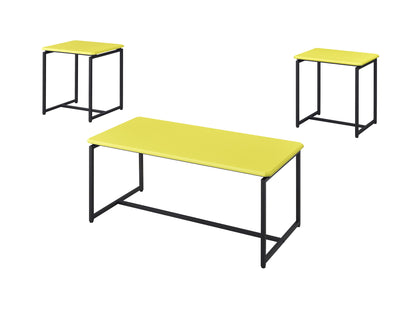 The GT - 3 Piece Carbon Fiber Wrap Coffee Table and End Table set features a large rectangular table centered and two square tables positioned diagonally behind, all with yellow tops and black metal frames on a white background.
