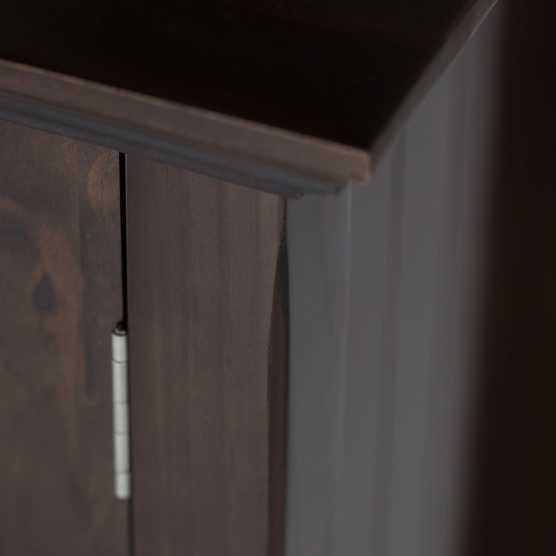 Close-up of the Acadian - Medium Storage Cabinet, Handcrafted, focusing on its dark wood edge, side panel, door with a visible silver hinge, and highlighting the rich wood grain and smooth finish.
