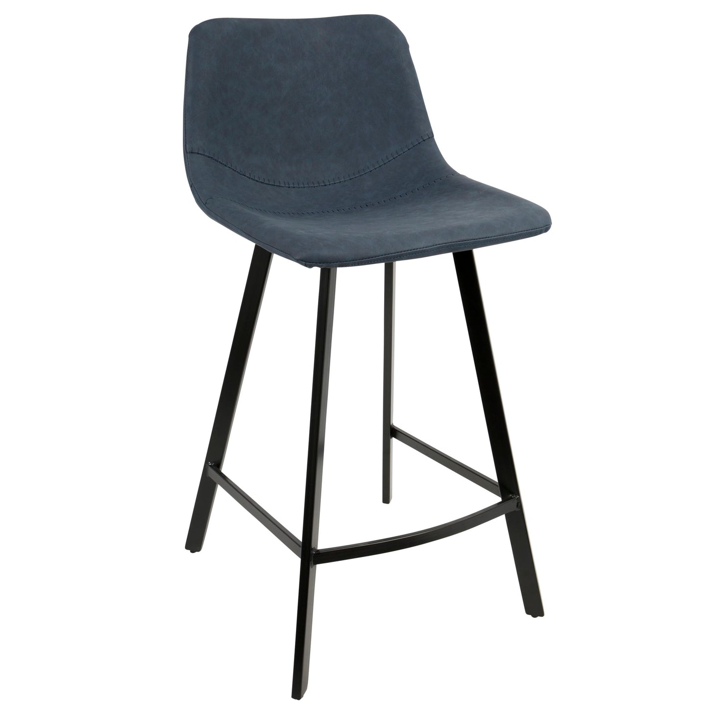 The Outlaw Industrial Counter Stool (Set of 2) features a dark blue upholstered seat, high curved back, and black metal legs with support bars for a modern look.