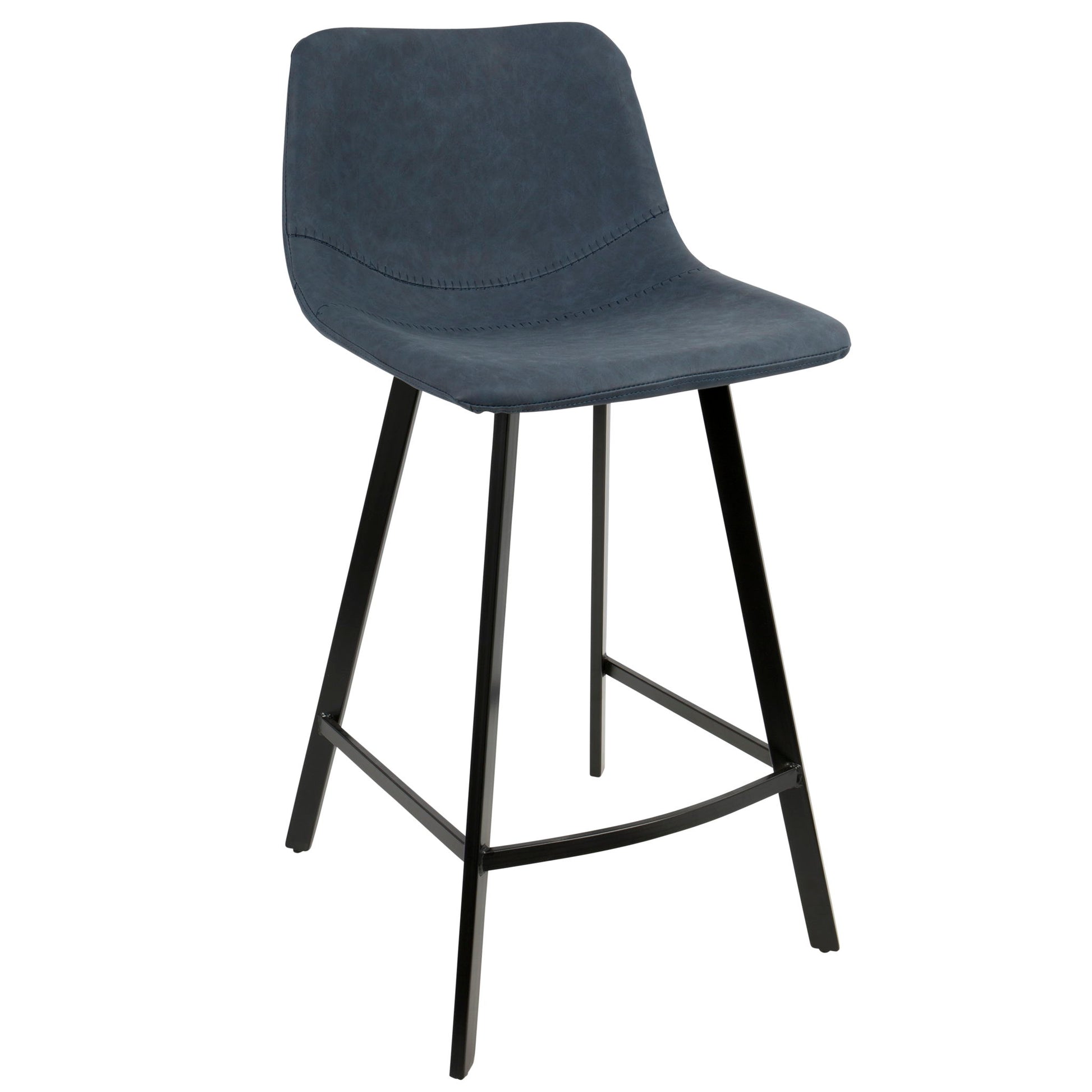 The Outlaw Industrial Counter Stool (Set of 2) features a dark blue upholstered seat, high curved back, and black metal legs with support bars for a modern look.