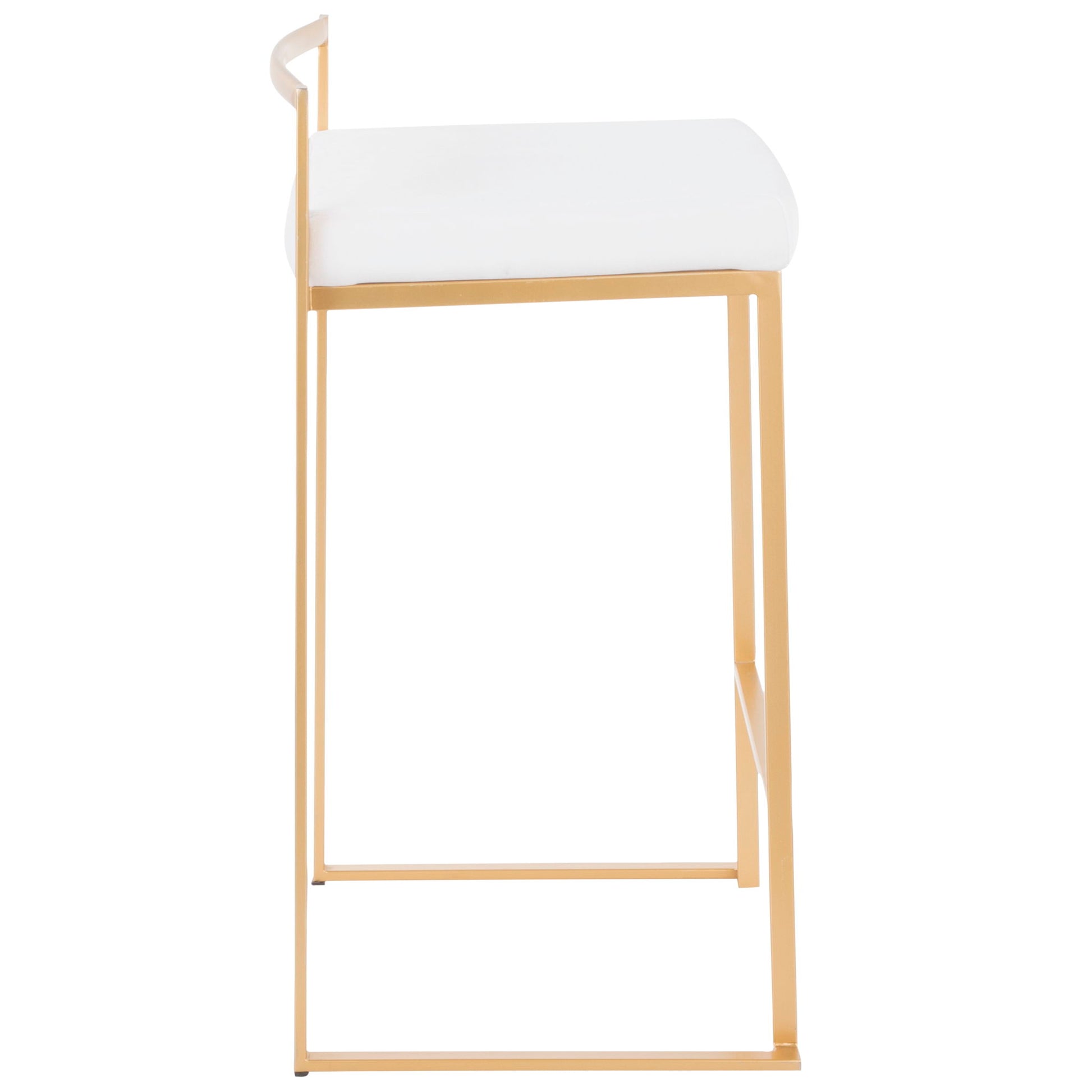 The Fuji Contemporary/Glam Design Counter Stool (Set of 2) features a thin gold metal frame and a white cushioned seat, shown in side profile against a white background.