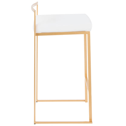 The Fuji Contemporary/Glam Design Counter Stool (Set of 2) features a thin gold metal frame and a white cushioned seat, shown in side profile against a white background.