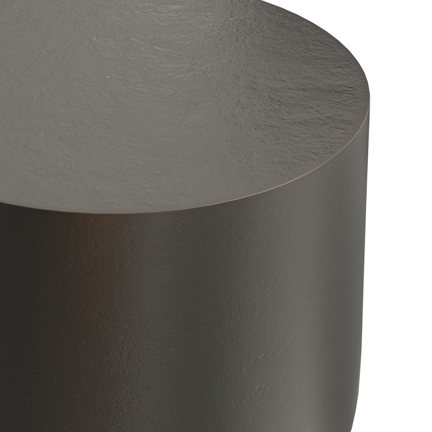Close-up of the Anthony - Cast Aluminum Side Table in Bronze, showcasing its smooth, rounded top and side edges with a subtle matte texture on a dark gray metallic surface. The background is white.