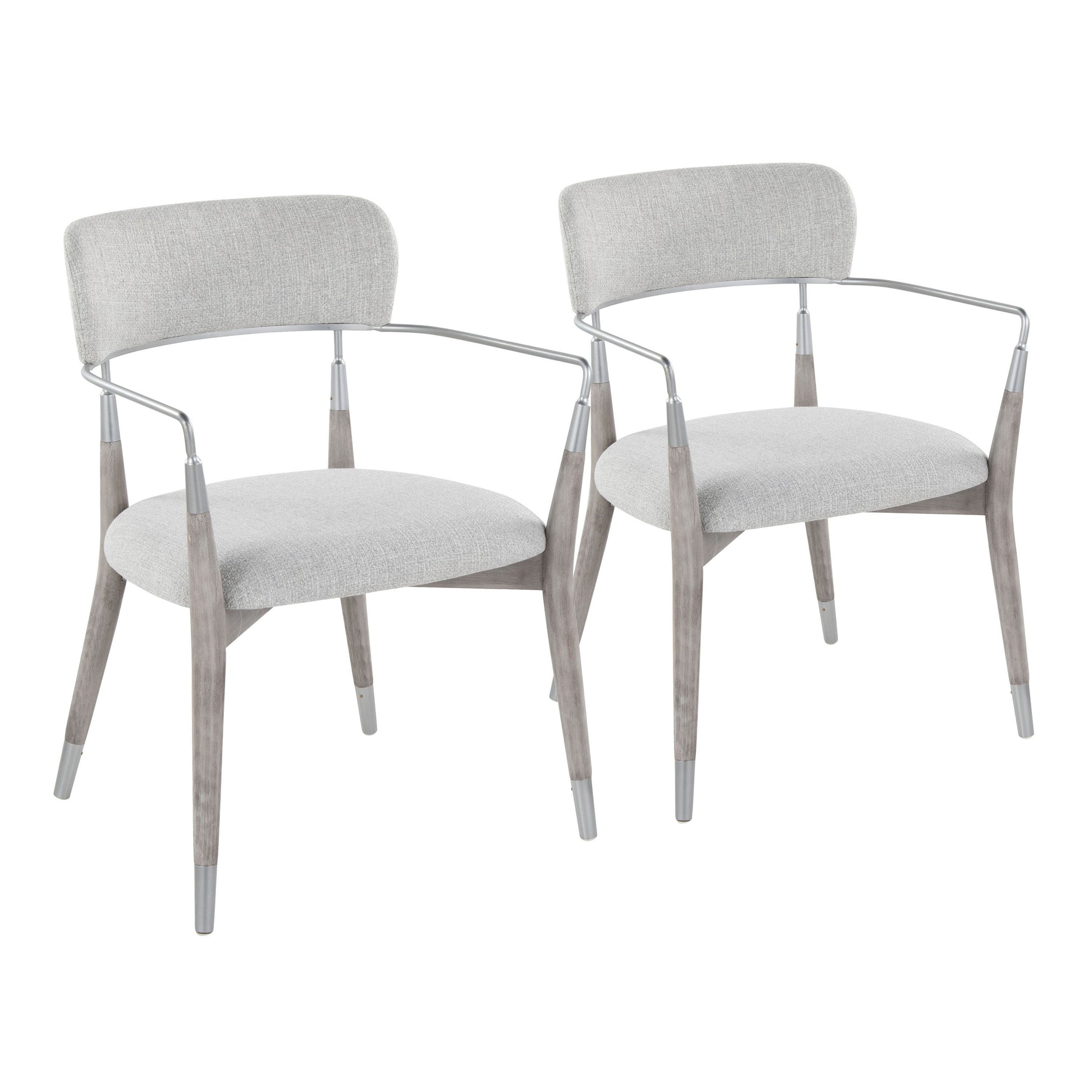 The Savannah - Contemporary Chair (Set of 2) features sleek, minimalist design with light gray upholstered seats and backs, wooden legs, and metal armrests for a modern dining look.