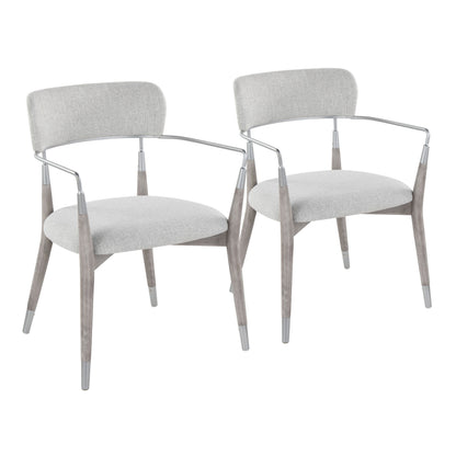 The Savannah - Contemporary Chair (Set of 2) features sleek, minimalist design with light gray upholstered seats and backs, wooden legs, and metal armrests for a modern dining look.
