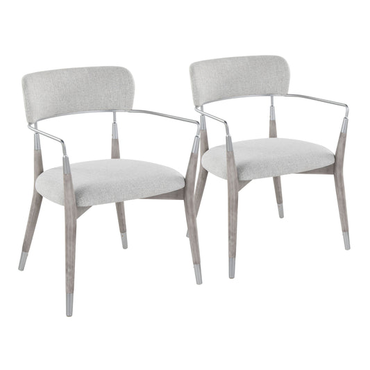 The Savannah - Contemporary Chair (Set of 2) features sleek, minimalist design with light gray upholstered seats and backs, wooden legs, and metal armrests for a modern dining look.
