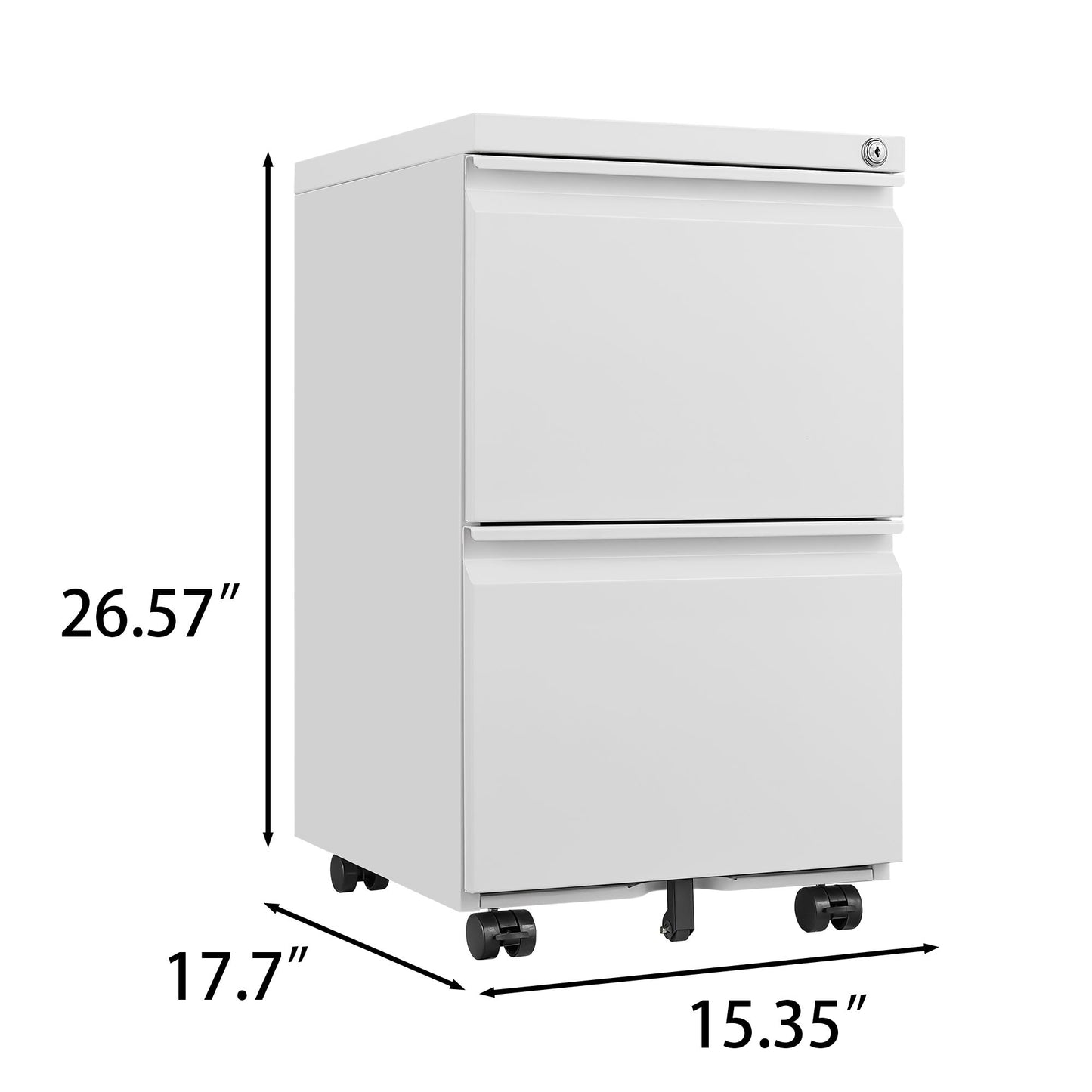 The 2 Drawer File Cabinet With Lock is a white metal rolling cabinet (26.57"H x 17.7"D x 15.35"W) that fits letter, legal, and A4 sizes; the top drawer locks for security, perfect for home or office use.