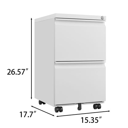 The 2 Drawer File Cabinet With Lock is a white metal rolling cabinet (26.57"H x 17.7"D x 15.35"W) that fits letter, legal, and A4 sizes; the top drawer locks for security, perfect for home or office use.