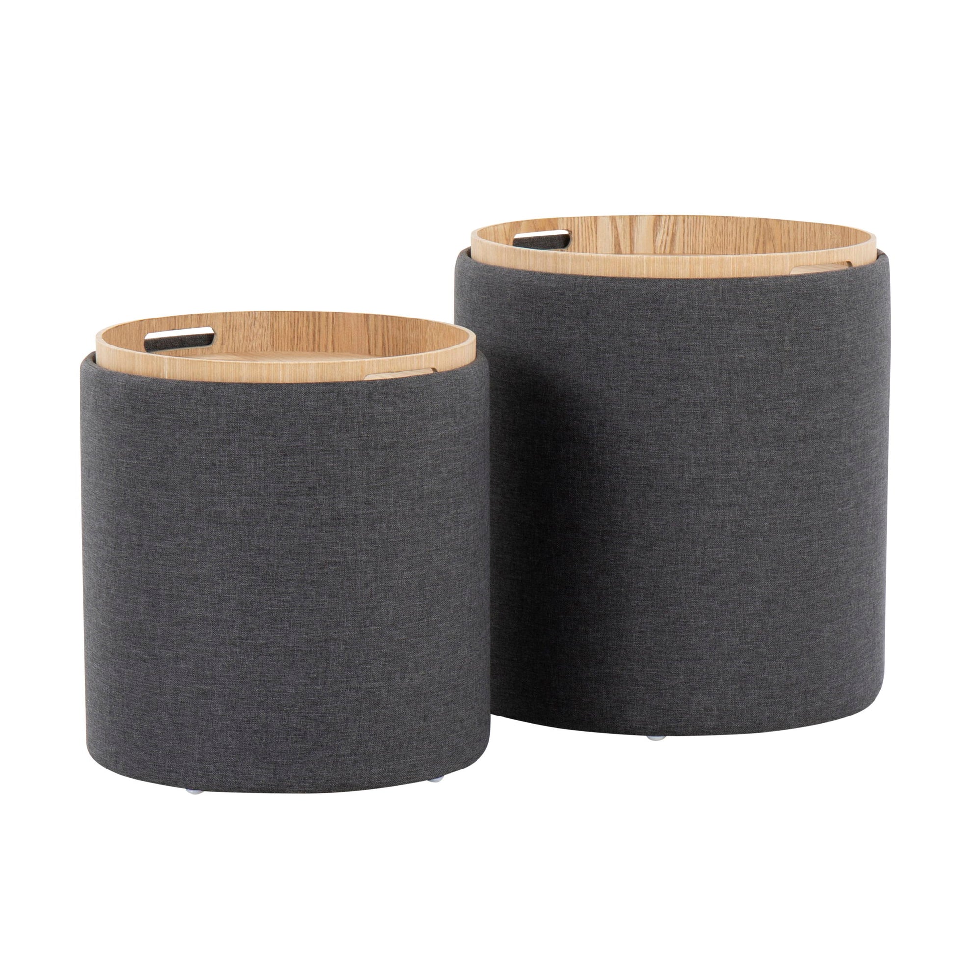The Tray - Contemporary Nesting Ottoman Set includes two round, grey fabric ottomans with light wooden removable lids featuring small handle cutouts; one ottoman is slightly taller than the other.