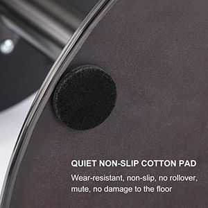 Close-up of a black circular non-slip cotton pad on the base of the Swivel Bar Stool. Text: "Quiet, wear-resistant, non-slip pad—no rollover, mute effect, protects floors. Black titanium stainless steel base & faux leather chair with backrest.