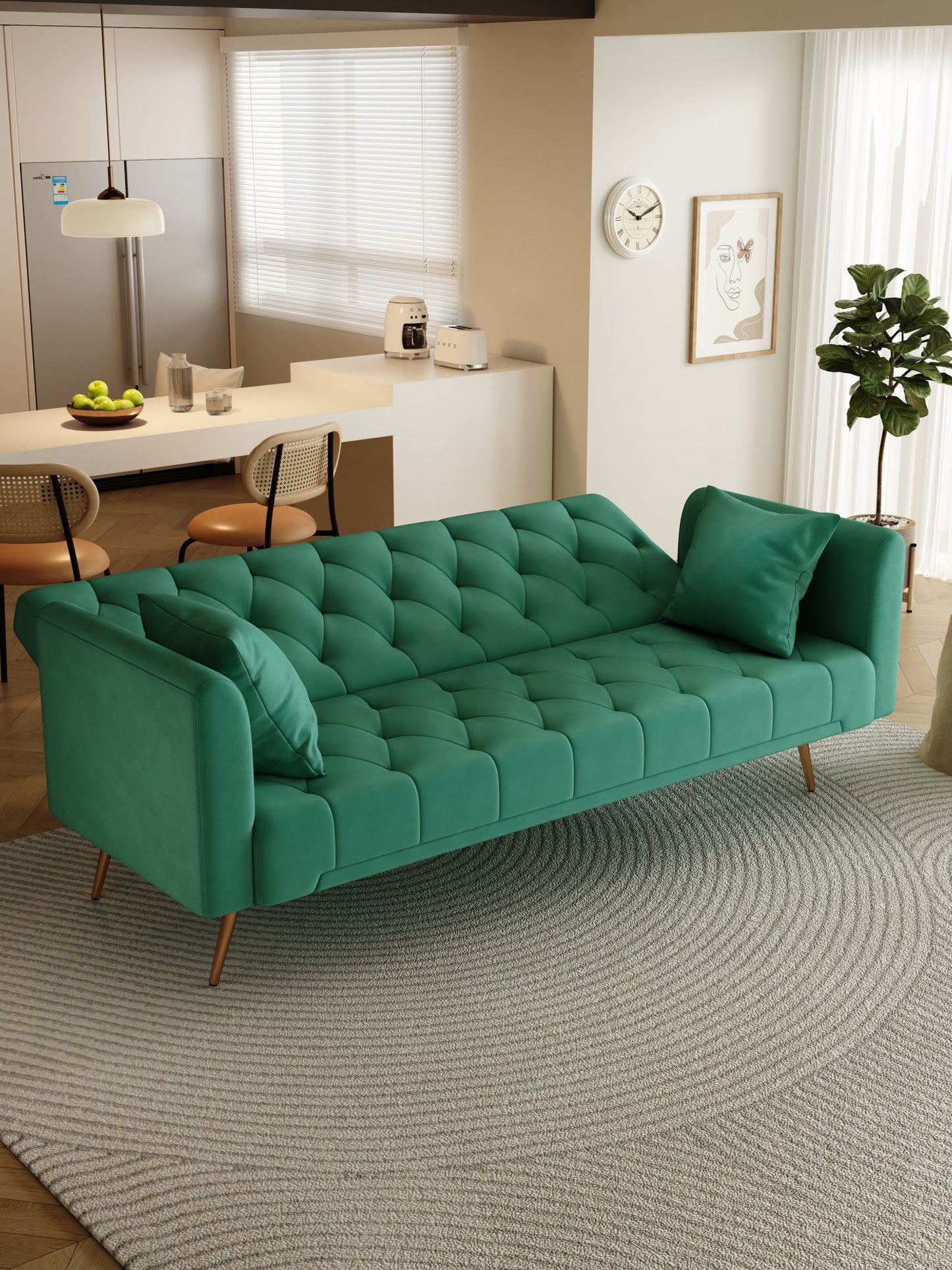 A modern living room featuring a Convertible Double Folding Living Room Sofa Bed with two cushions, a round textured rug, a potted plant, and a kitchen area with bar stools, fridge, and natural light from large windows in the background.