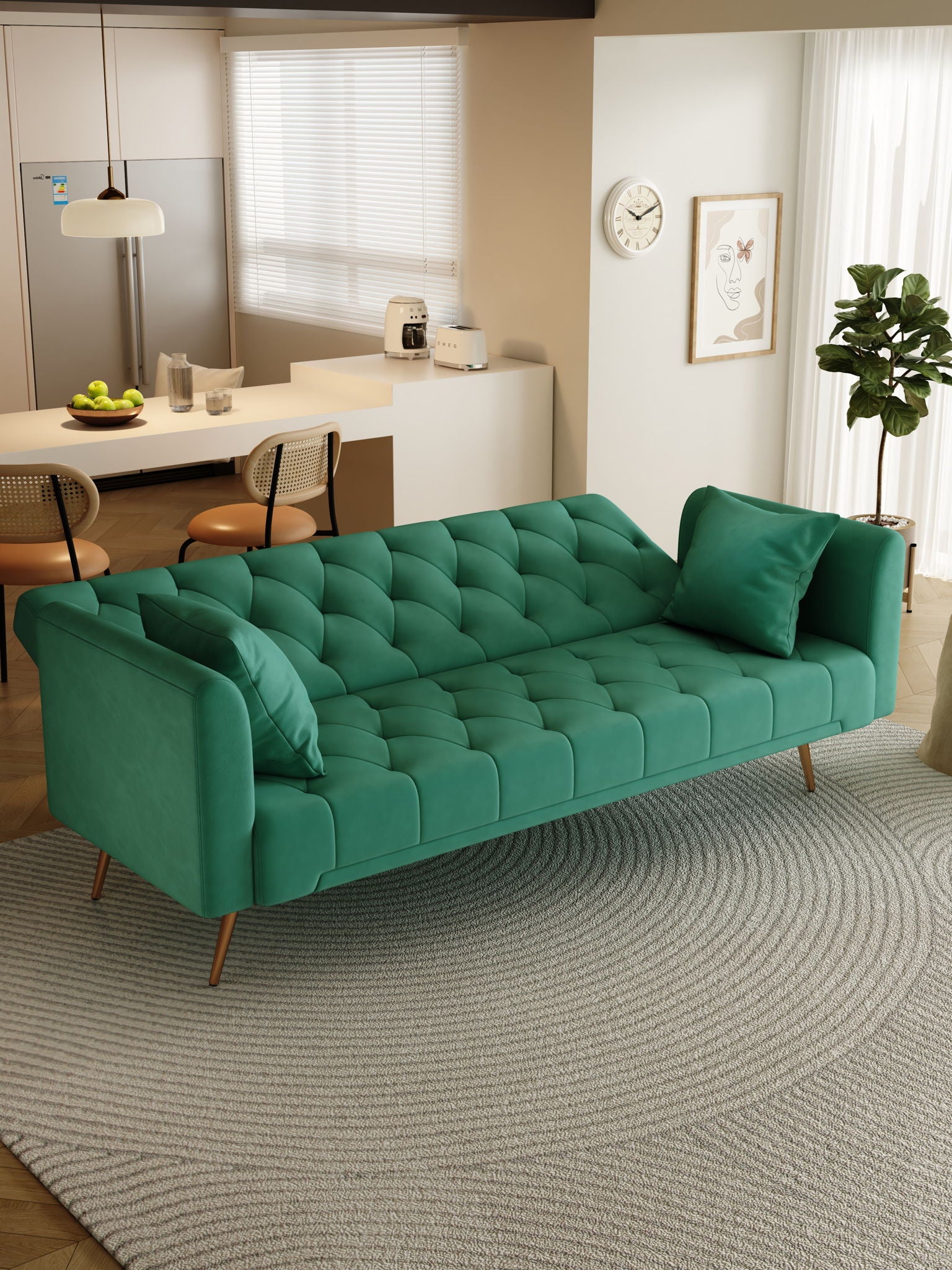 A modern living room featuring a Convertible Double Folding Living Room Sofa Bed with two cushions, a round textured rug, a potted plant, and a kitchen area with bar stools, fridge, and natural light from large windows in the background.