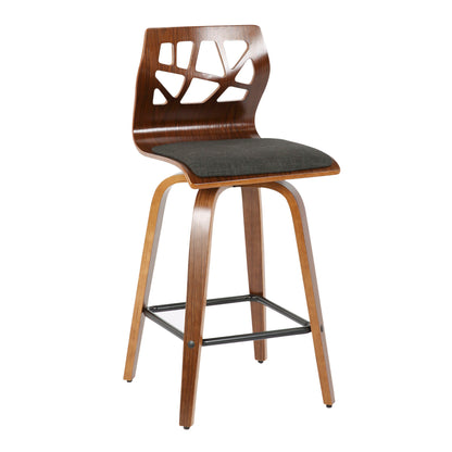 The Folia Mid Century Modern Fixed Height Counter Stool (Set of 2) features a geometric cut-out backrest, curved legs, black metal footrest, dark cushioned seat, and swivel function.