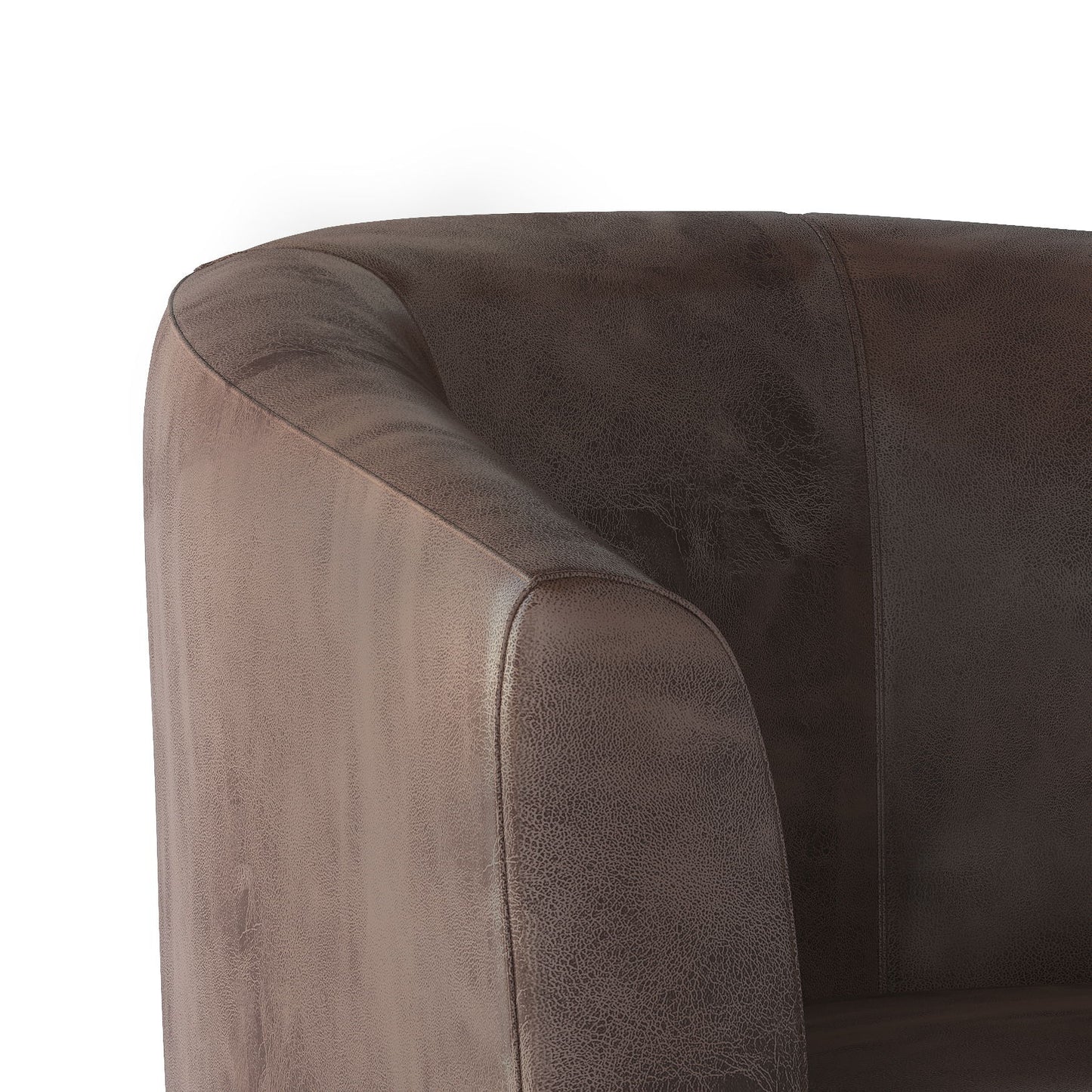 Close-up of the left arm and backrest of the Austin - Handcrafted Tub Chair, highlighting its curved design and textured brown leather upholstery against a white background.