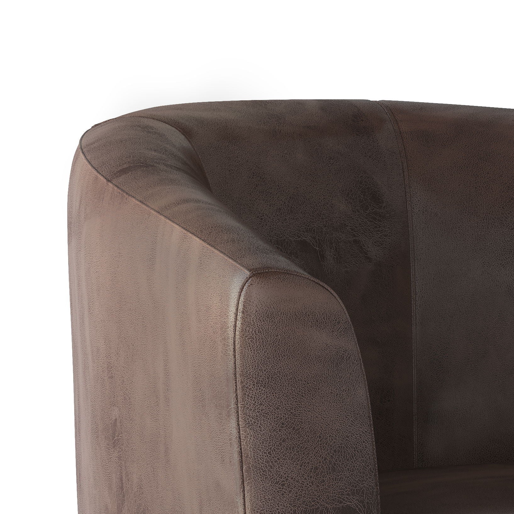 Close-up of the left arm and backrest of the Austin - Handcrafted Tub Chair, highlighting its curved design and textured brown leather upholstery against a white background.