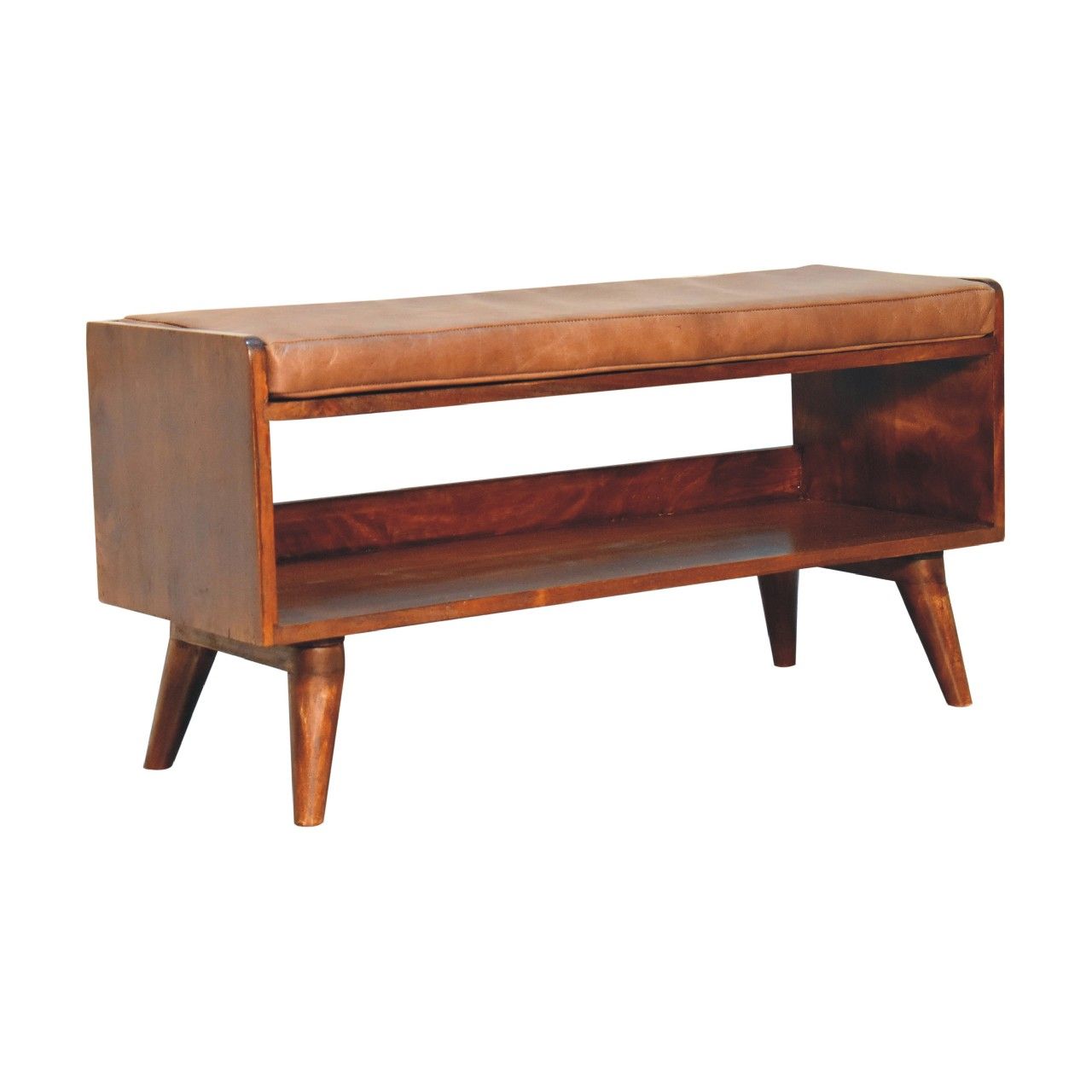 The Solid Wood Bench With Upholstered Seat features angled legs, a padded leather top, an open lower shelf for storage, and a warm brown wood finish, offering a stylish mid-century modern look.