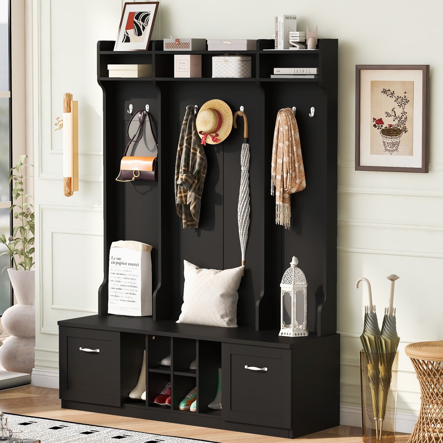 5 In 1 Entryway Bench With Coat Rack, 7 Sturdy Hooks, 2 Spacious Drawers And Adjustable Shelves