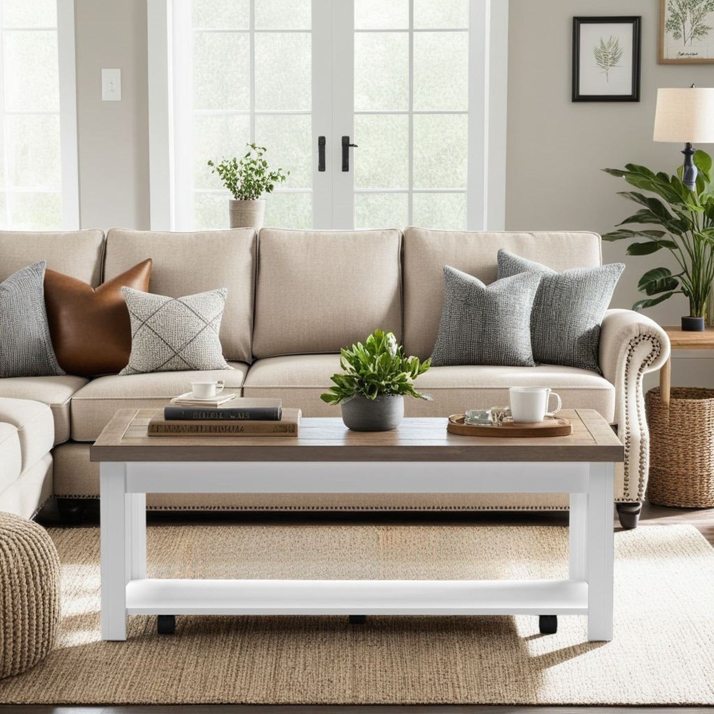 A cozy living room with a beige sofa, gray and brown pillows, and the Hampton Coffee Table in Jasmine Whitewash/Barnwood, topped with books, a plant, and mugs on a woven rug by large windows streaming natural light.