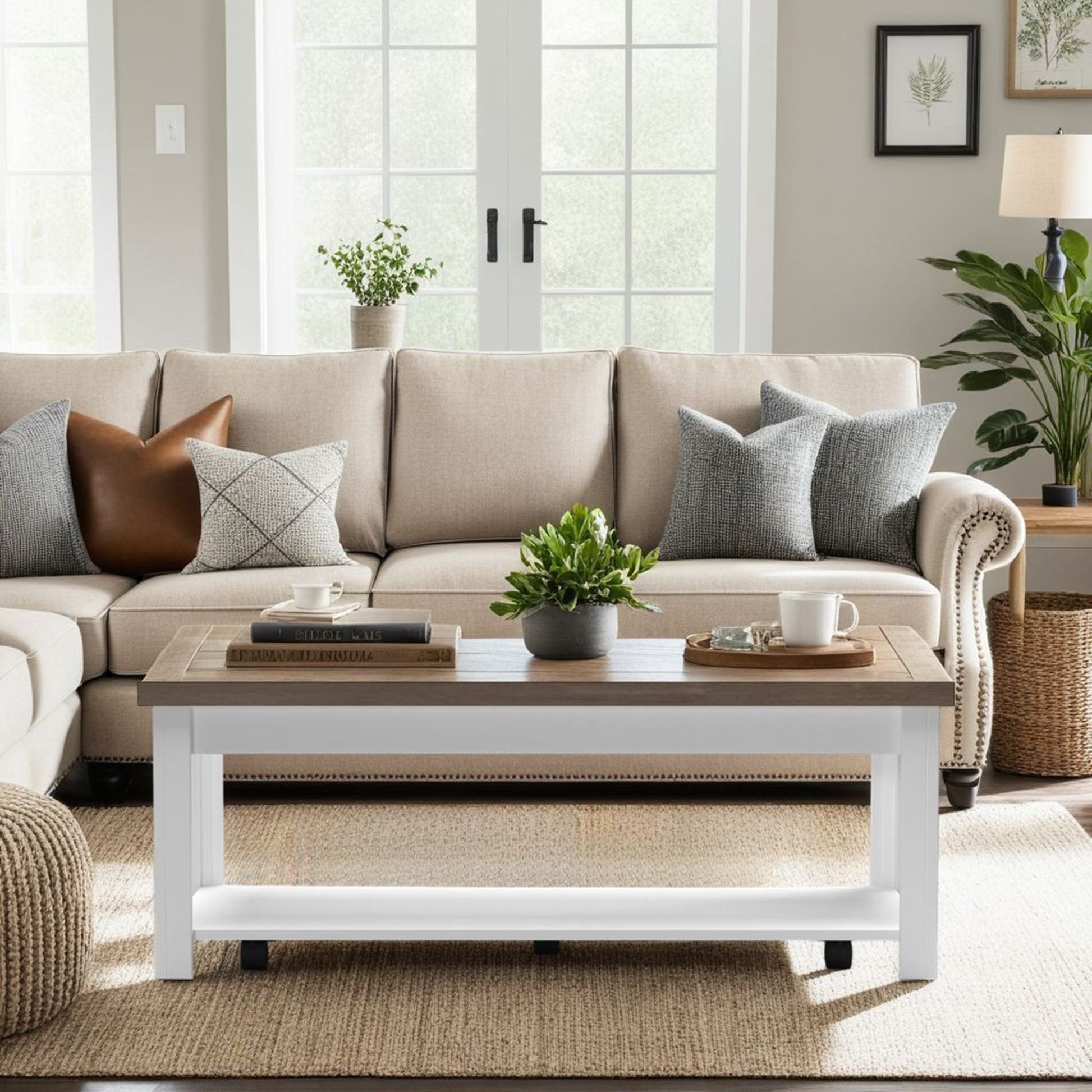 A cozy living room with a beige sofa, gray and brown pillows, and the Hampton Coffee Table in Jasmine Whitewash/Barnwood, topped with books, a plant, and mugs on a woven rug by large windows streaming natural light.