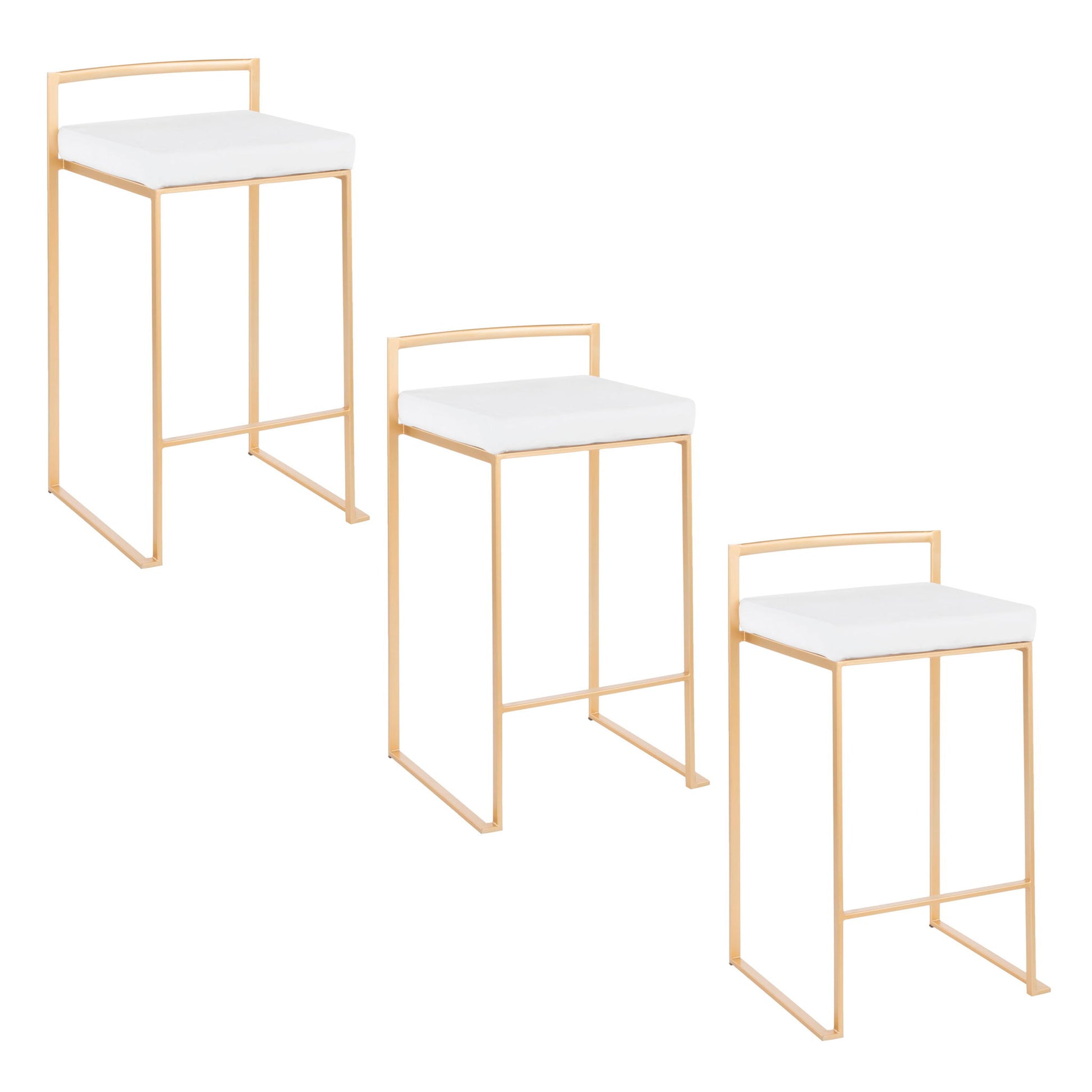 A pair of Fuji Contemporary/Glam Design Counter Stools with gold metal frames and white cushioned seats are arranged in a staggered line on a white background.