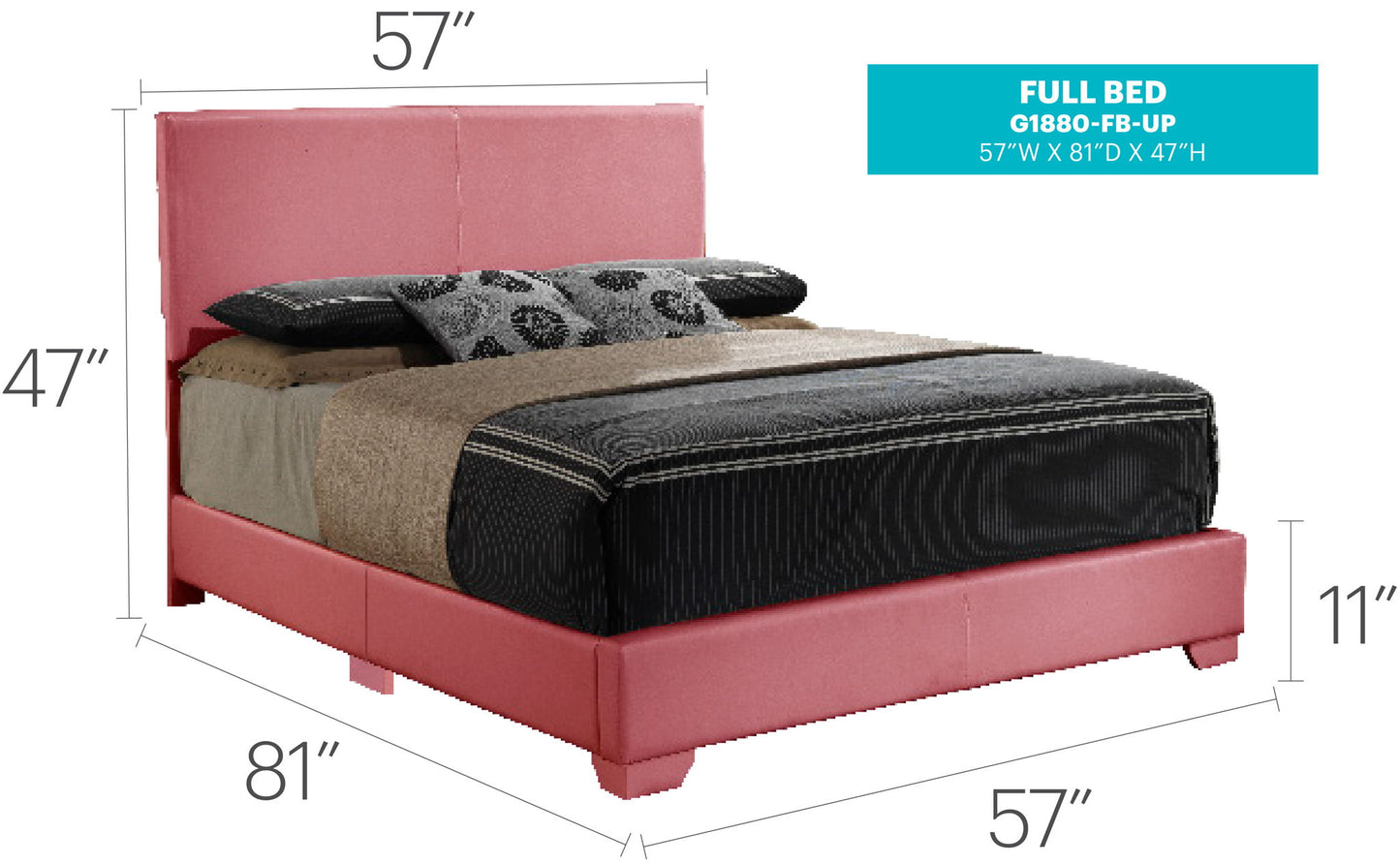 The Elegant Platform Bed For Relaxed Spaces is a pink upholstered full bed with headboard, footboard, and side panels, measuring 57"W x 81"L x 47"H and shown with bedding and pillows on top.