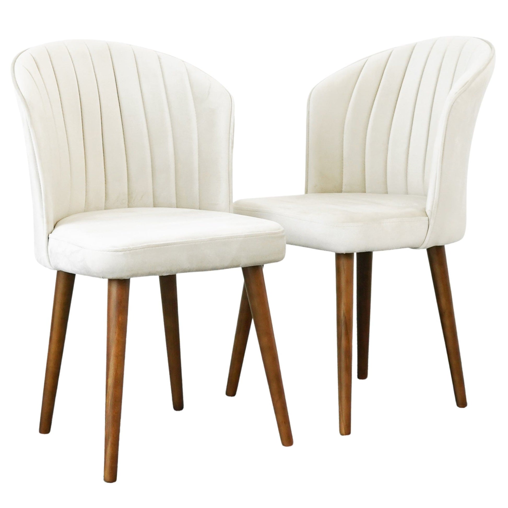 The Parsons - Comfortable Dining Chair (Set of 2) features modern white upholstered, fluted backs and seats with angled brown wooden legs, shown side by side against a white background.