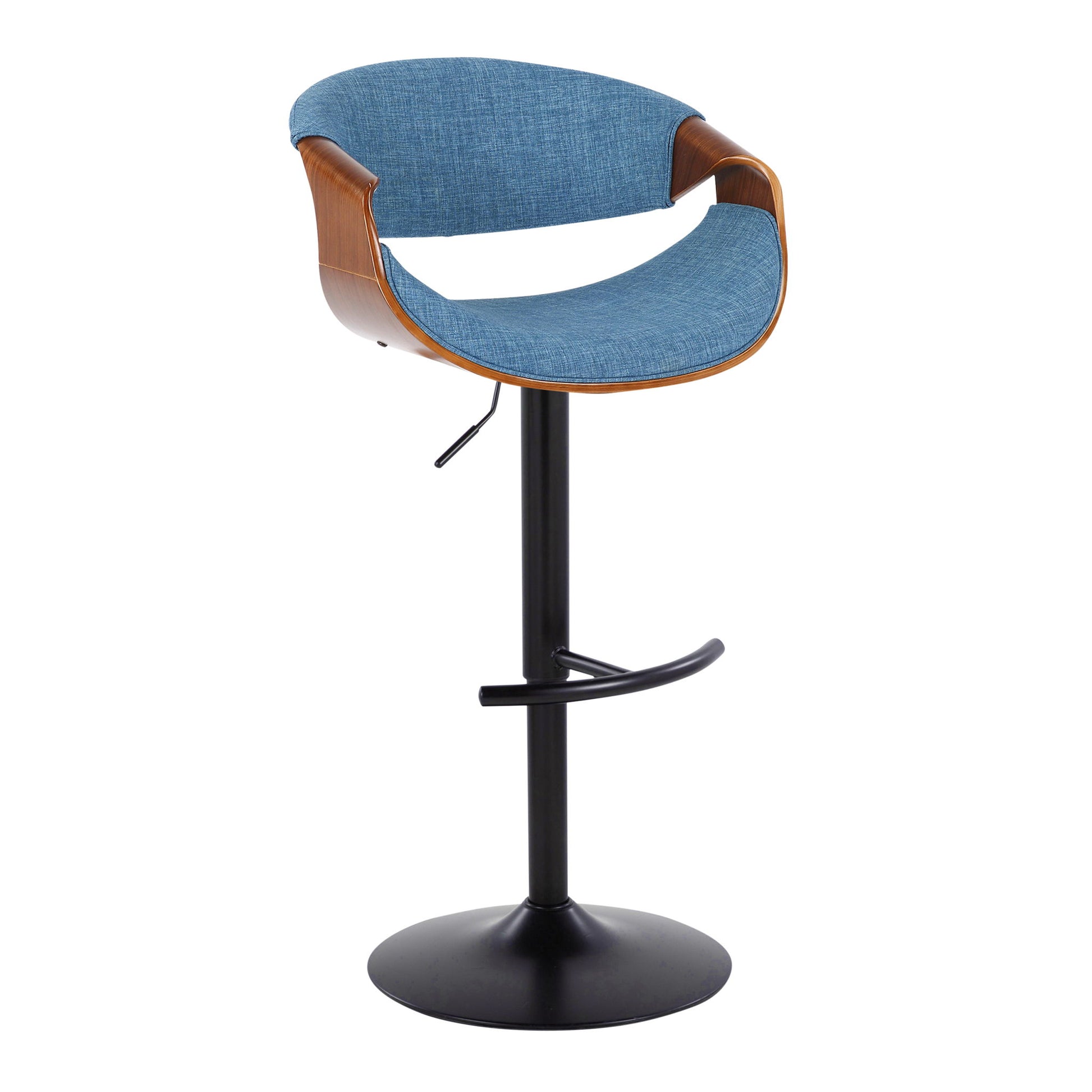 Curvo - Mid Century Modern Adjustable Barstool (Set of 2) features a curved wooden backrest, blue upholstered seat, black metal pedestal base, swivel function, rounded T footrest, and lever for adjustable seat height.