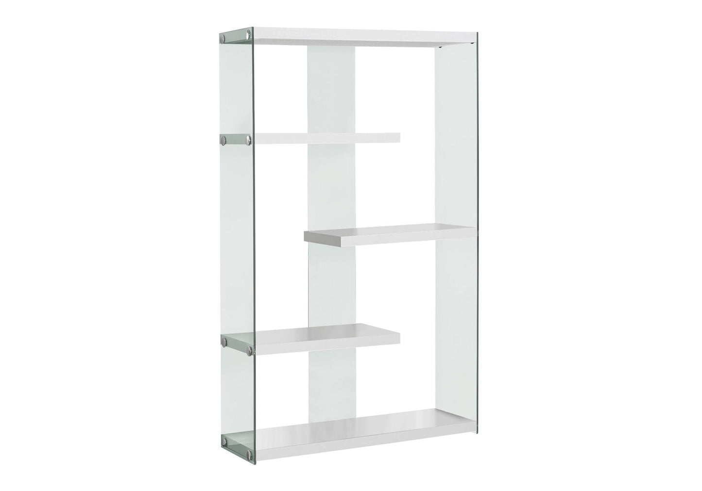 The 5-tier glossy white contemporary bookshelf features an open, minimalist design with shelves at varying heights—perfect for modern offices or interiors.