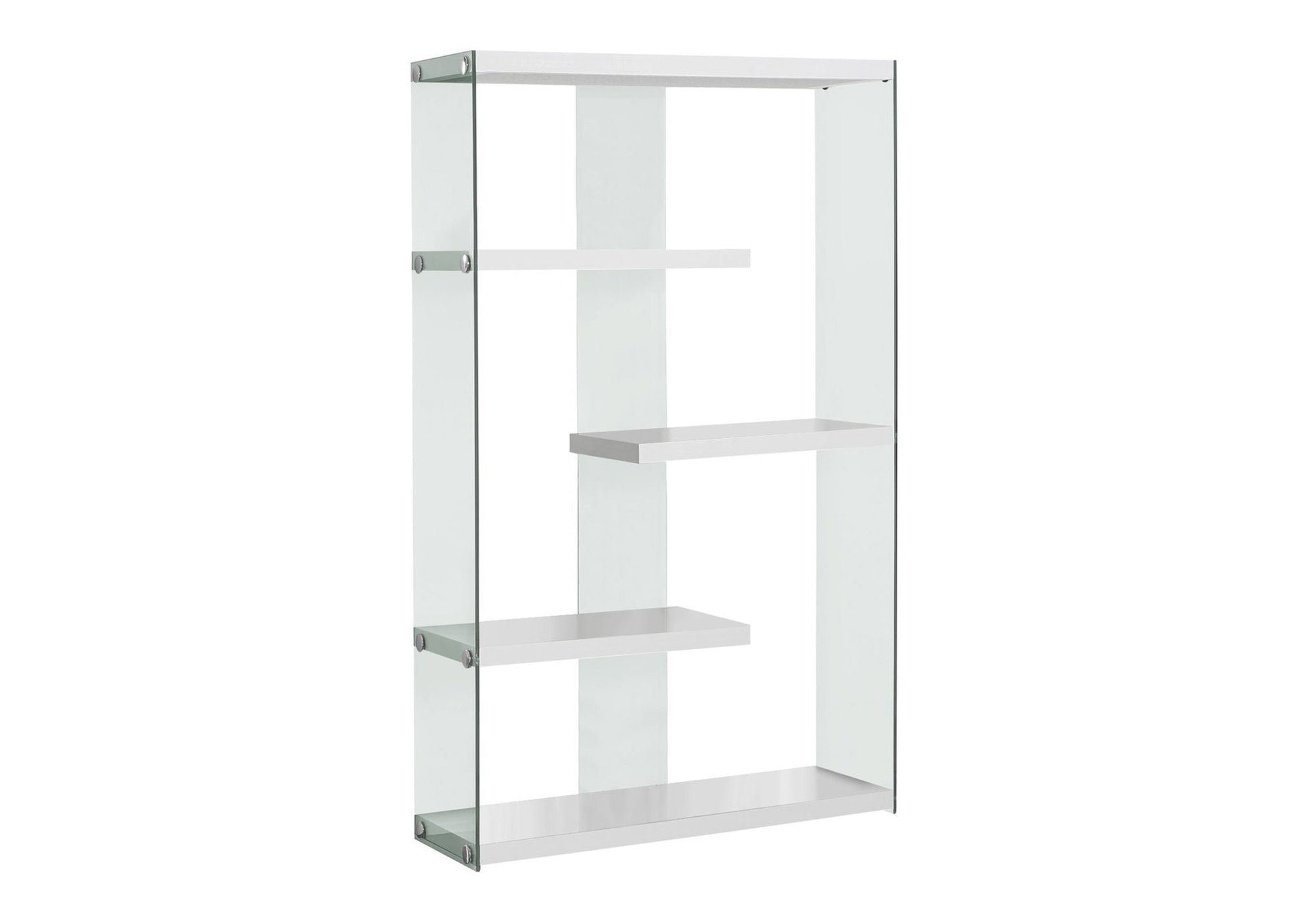 The 5-tier glossy white contemporary bookshelf features an open, minimalist design with shelves at varying heights—perfect for modern offices or interiors.