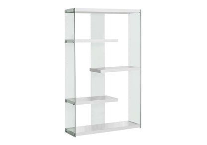 The 5-tier glossy white contemporary bookshelf features an open, minimalist design with shelves at varying heights—perfect for modern offices or interiors.