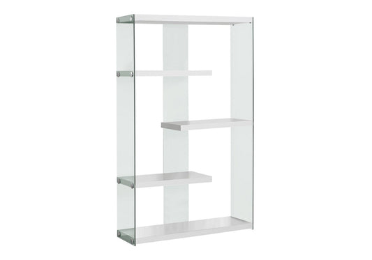 The 5-tier glossy white contemporary bookshelf features an open, minimalist design with shelves at varying heights—perfect for modern offices or interiors.