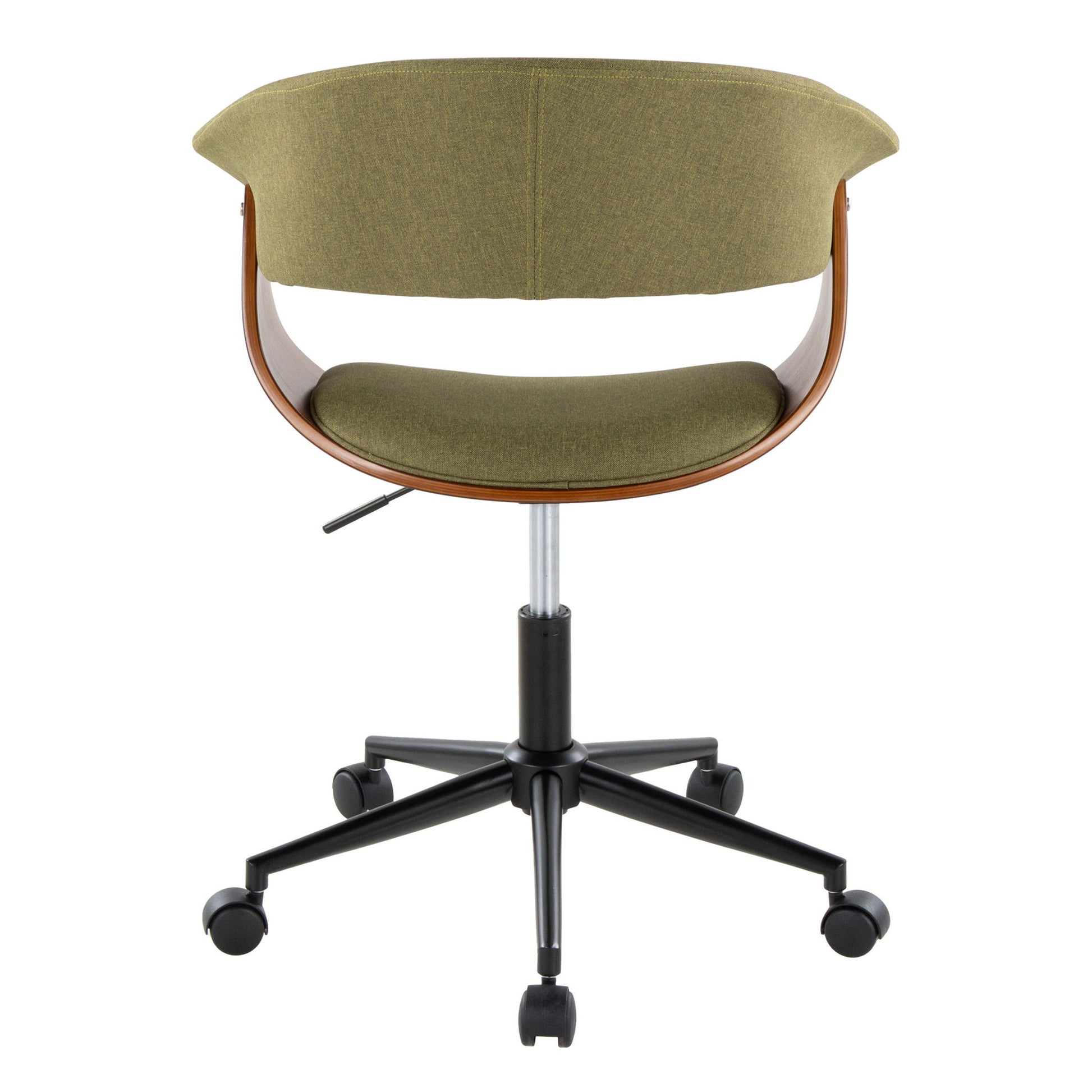 The Vintage Mod - Mid Century Modern Office Chair features green upholstery, wooden accents, a curved backrest, and a black five-wheel swivel base, shown from the back.