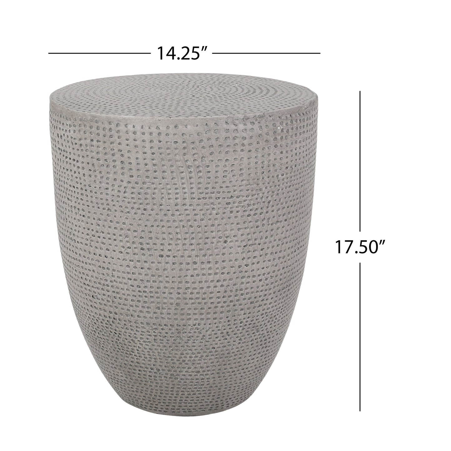 The Outdoor Lightweight Concrete Side Table in Natural is a gray, textured cylindrical piece measuring 14.25" in diameter and 17.5" high, ideal for use as a side table or stool.