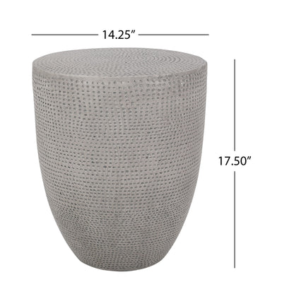 The Outdoor Lightweight Concrete Side Table in Natural is a gray, textured cylindrical piece measuring 14.25" in diameter and 17.5" high, ideal for use as a side table or stool.