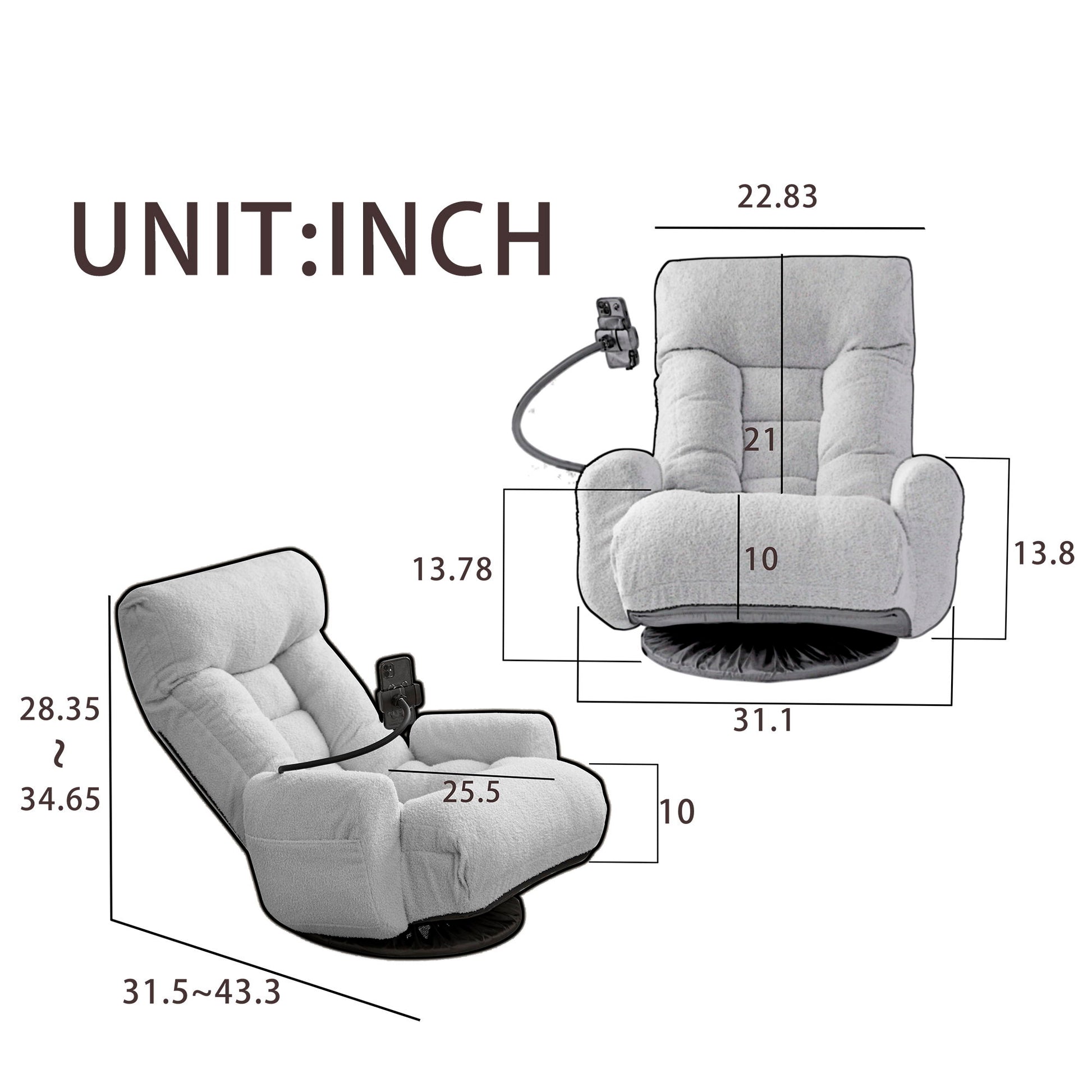 Two views of the Adjustable Swivel Lounge Chair With 360 Degree Rotating Seat And Headrest Support are shown, detailing dimensions in inches: max height 43.3", width 31.1", along with depth and armrest position.