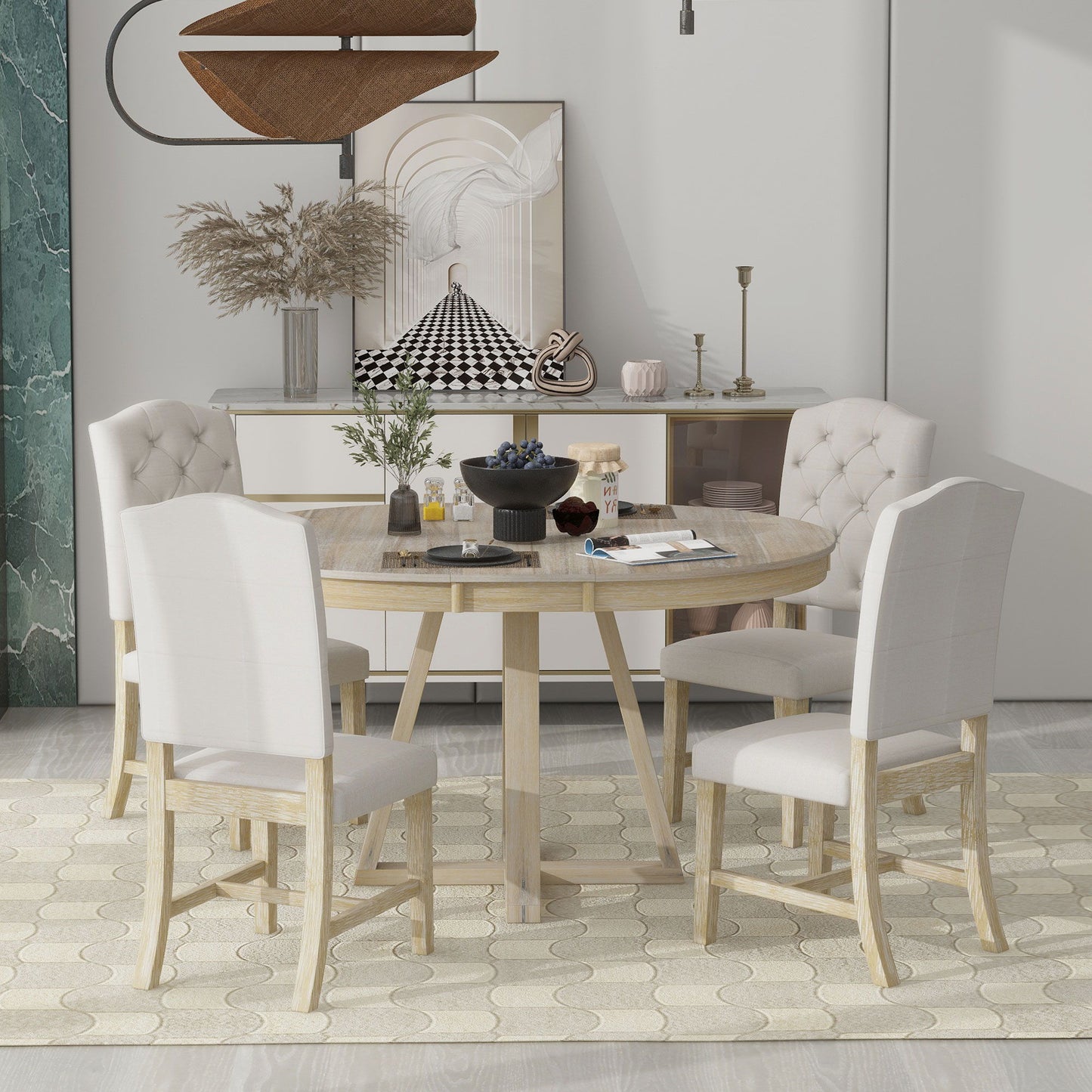 A modern dining room features the Retro Functional Dining Set— a round table with leaf and upholstered chairs for four. Neutral tones, contemporary decor, art, vases on a sideboard, and a pendant light create an inviting atmosphere.
