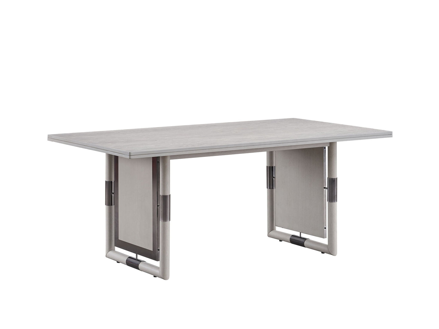 The Marta Dining Table features a modern rectangular design with a natural wood surface and distinctive panel legs with metal accents, showcased against a plain white background.