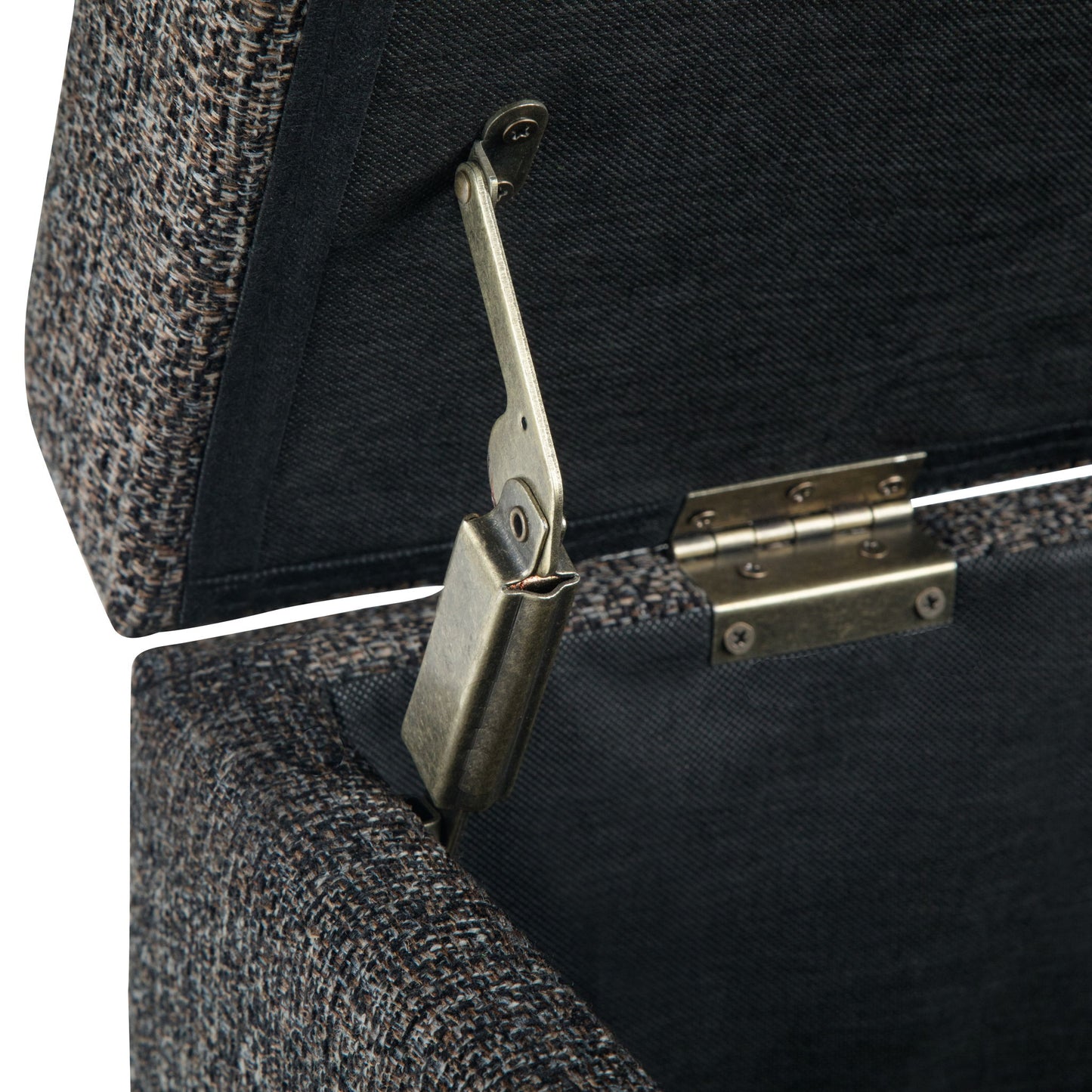 Close-up of the Avalon Storage Ottoman Bench in Dark Gray, showing its open fabric-covered lid with visible metal hinge and support arm mechanism inside.