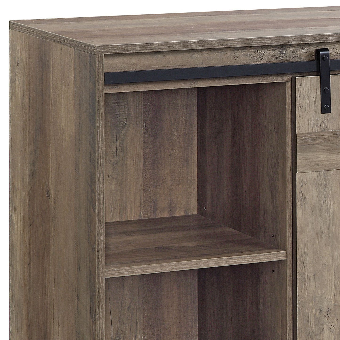 A close-up of the Bellarosa TV Stand with a rustic wooden finish, featuring two open shelves on the left and a sliding barn-style door with a black metal track on the right.
